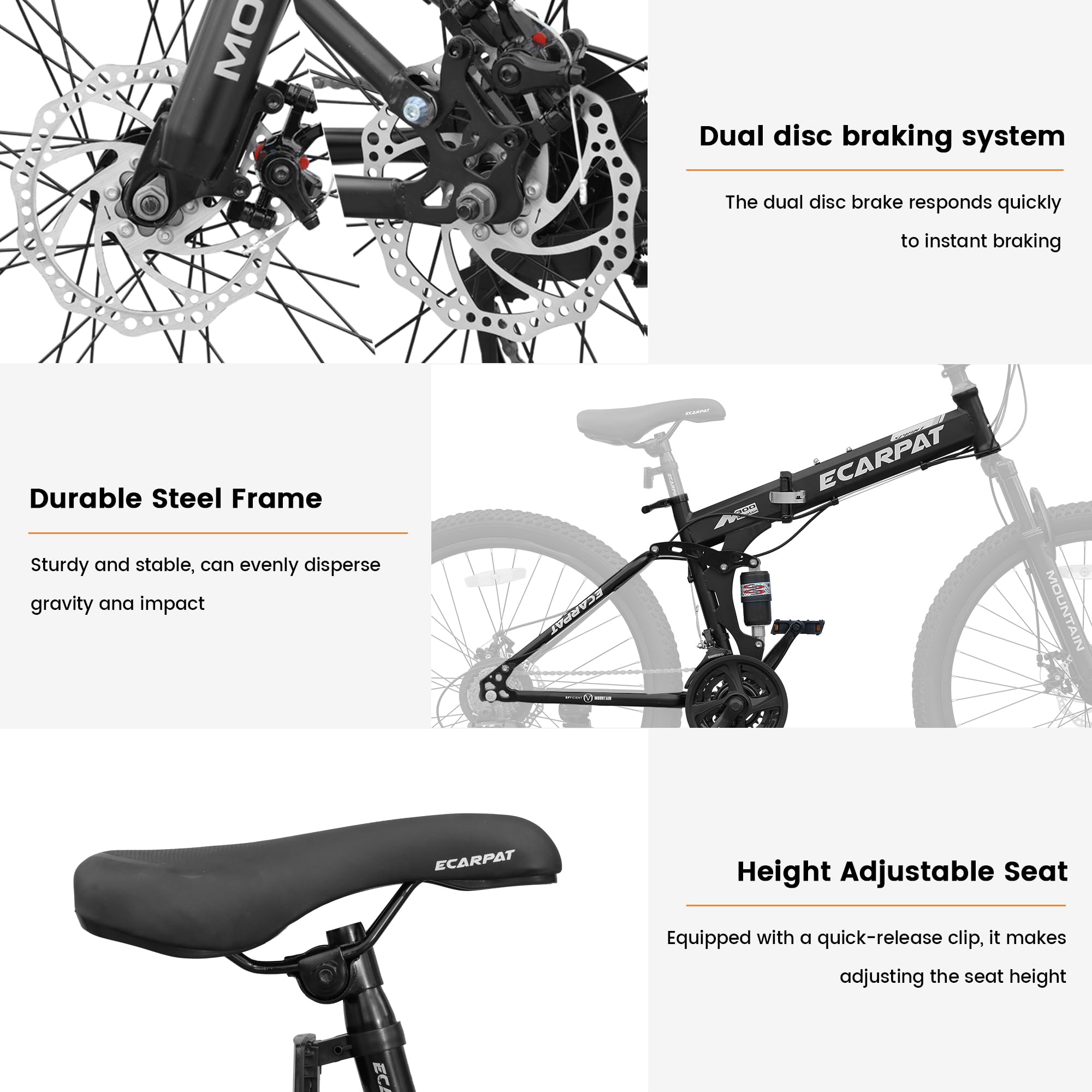 Ecarpat 26 Inch Folding Mountain Bike, 21 Speed Full Suspension High-Carbon Steel MTB, Dual Disc Brake Foldable Bicycle, Folding Bikes for Adults Men Women