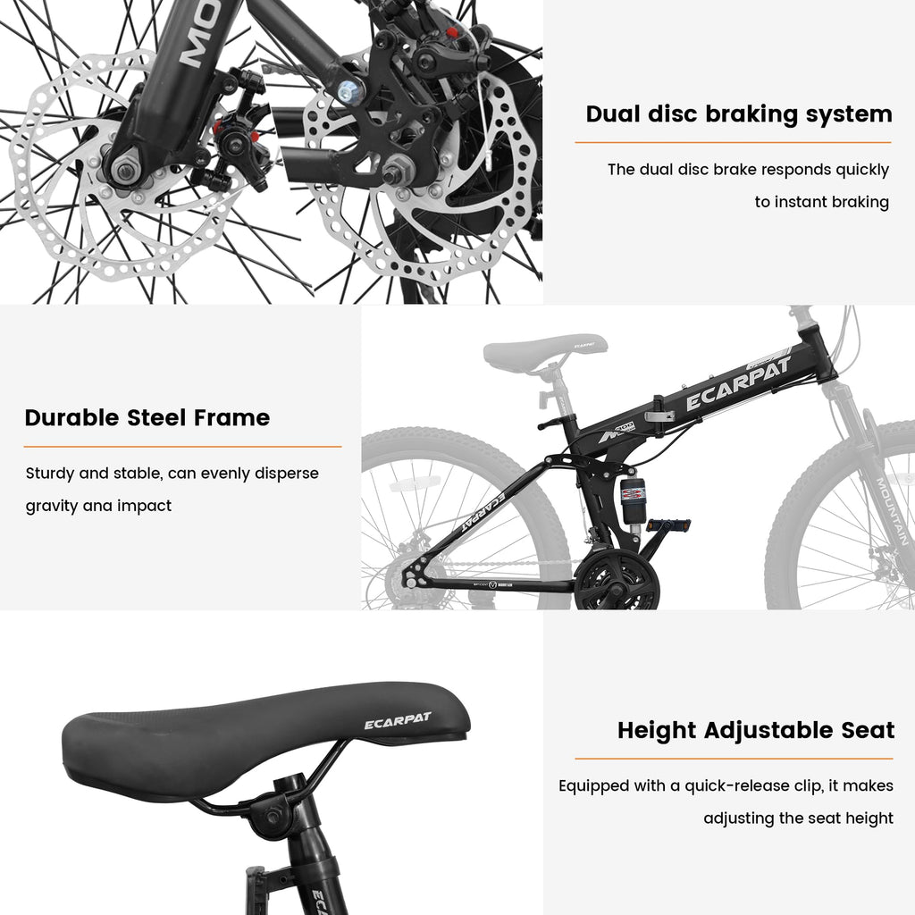 Ecarpat Folding Mountain Bike- 26 Inch Bikes for Adults, 21 Speed Full Suspension Foldable Bike for Men or Womens Bike Riders, High Carbon Steel Frame Dual Disc Brake MTB for Trek and Commuter