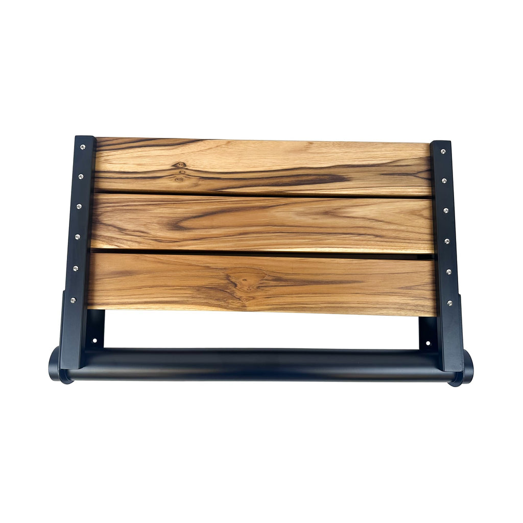 Teak Shower Seat Bench with Back - Wall Mounted Fold Up Shower Seat, Waterproof Folding Teak Bath Chair for Seniors, 304 Stainless Steel Frame, with 300 lbs Capacity - 24" Length, Matte Black