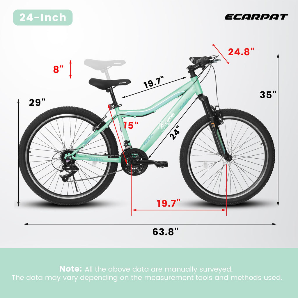 HIWORK Mountain Bike 24 Inch, High Density Carbon Steel Frame Girls Bike with 21-Speed Front Suspension Dual V-Brakes, Bike for Teenagers Girls Womens Bicycle | Light Green