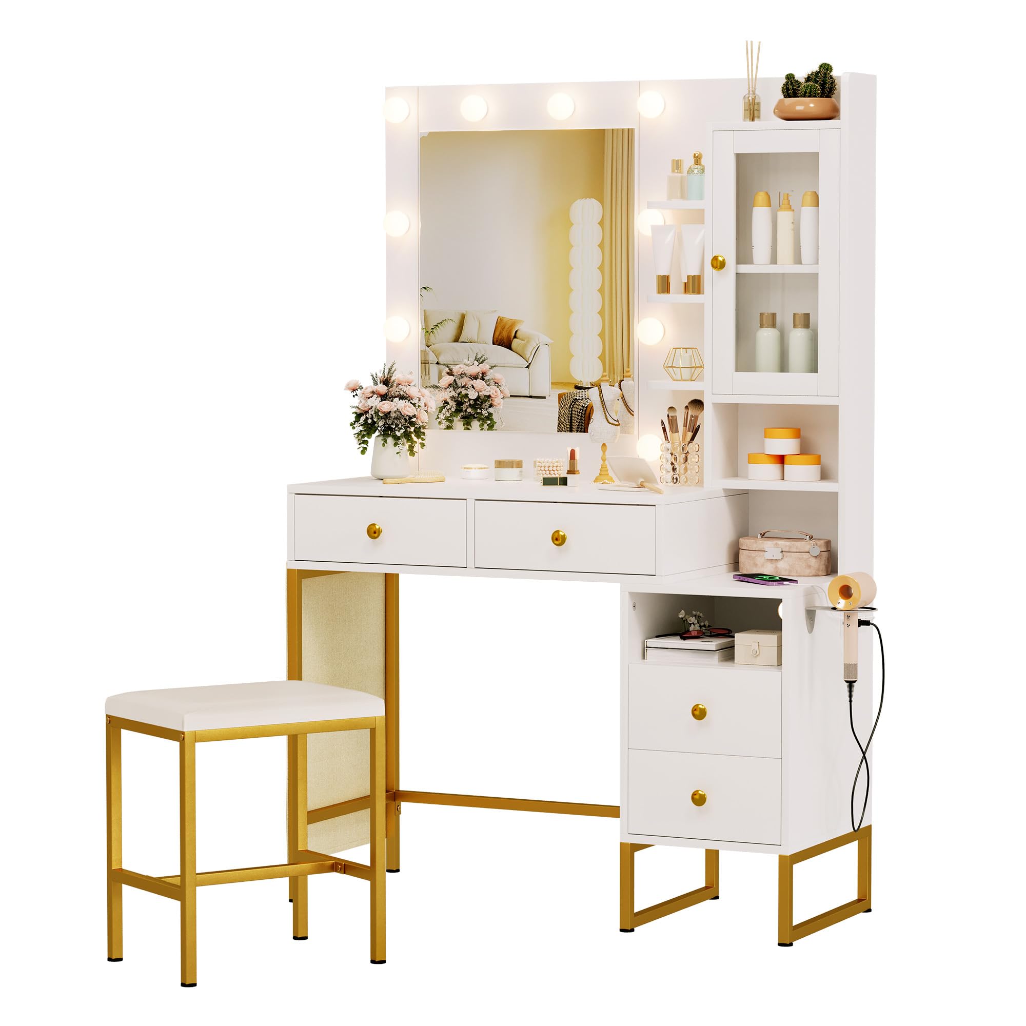 NUNU LAB Morden Makeup Vanity Desk with Mirror, Bedroom Dressing Table Set with Storage Shelf and 5 Drawers, Large Vanity Table with 10 LED Lights for Women, Girls, Teens