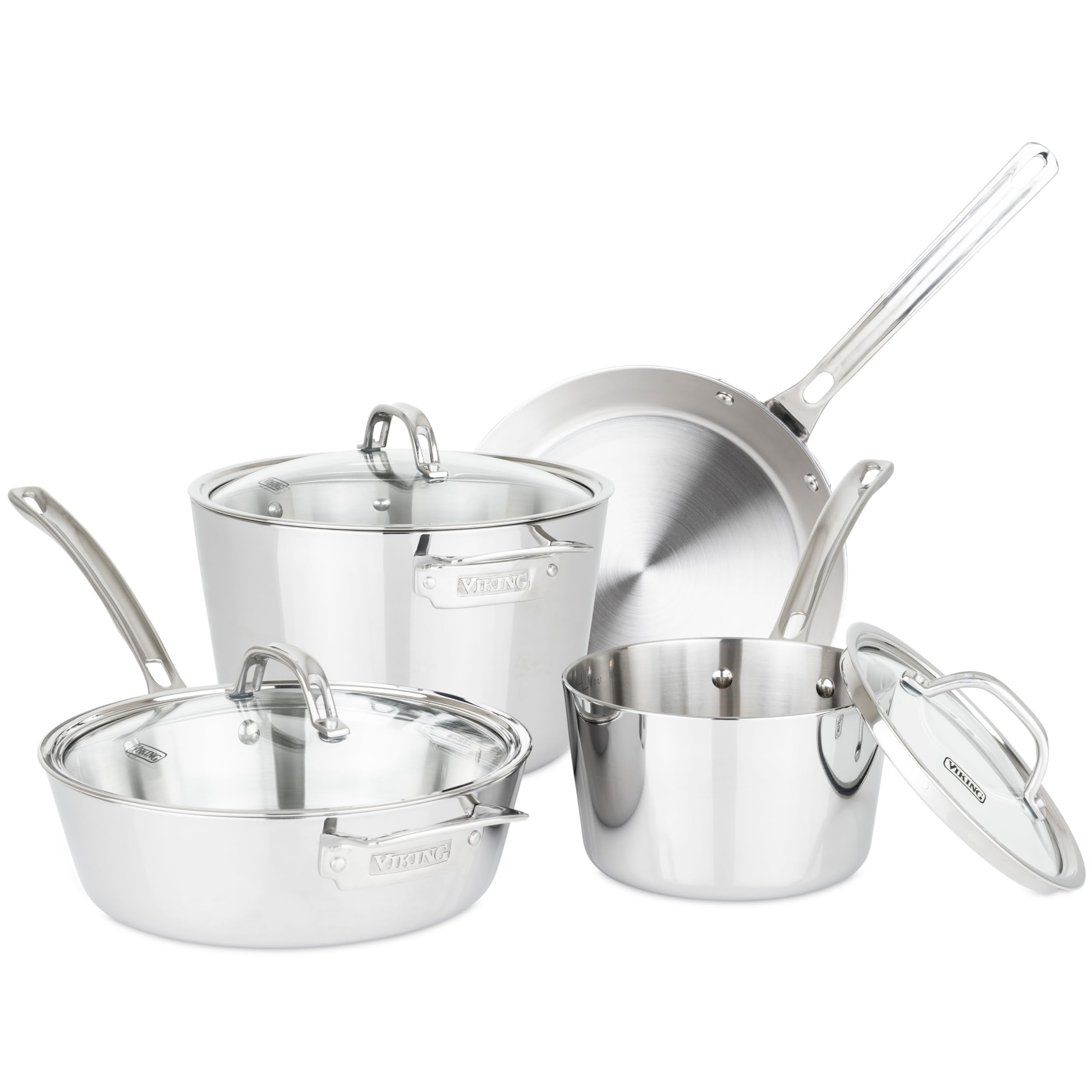 Viking Contemporary 3-Ply Pots and Pans Set, 7 Piece Stainless Steel Kitchen Cookware, Silver