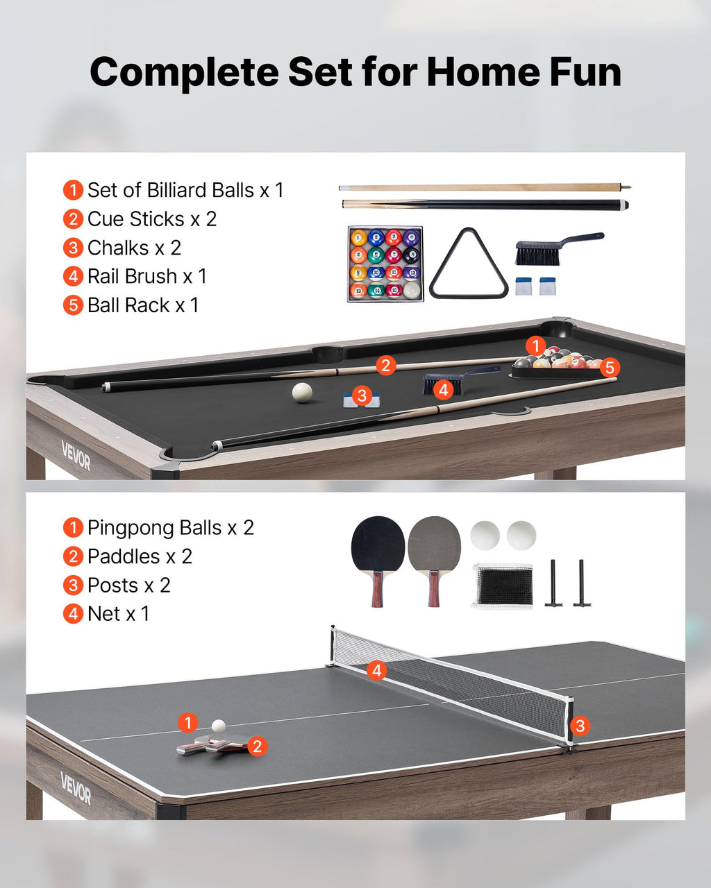 VEVOR 7ft Pool Table Combo Set, 3-in-1 Multi Game Billiards Tables with Dining Top and Ping Pong, 2 Benches for Storage and Accessories, Includes Ball Cue Rack Chalk Brush, for Family Recreation Room