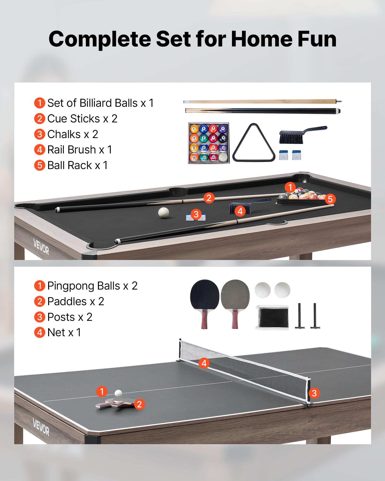 VEVOR 7ft Pool Table Combo Set, 3-in-1 Multi Game Billiards Tables with Dining Top and Ping Pong, 2 Benches for Storage and Accessories, Includes Ball Cue Rack Chalk Brush, for Family Recreation Room