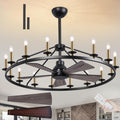 44" Wagon Wheel Chandelier with Fans, Black and Gold Wagon Wheel Ceiling Fan with 16-Light and Remote, Farmhouse Chandelier for Living Room, Adjustable Height, 6-Speed Reversible Quiet Large Fandelier