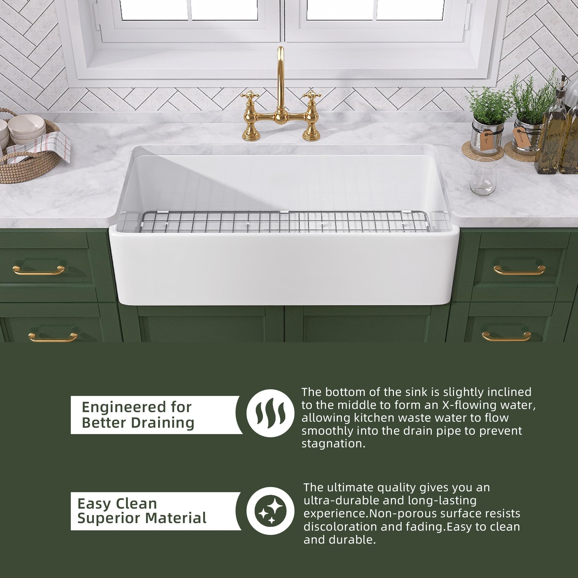 TUKTUK White Farmhouse Sink 30 inch Farm Sink Fireclay Apron Front Single Bowl Kitchen Sinks Deep Drop In Undermount Reversible Heavy Duty Easy-to-Clean Kitchen Basin with Luxury Modern Accessory Kit