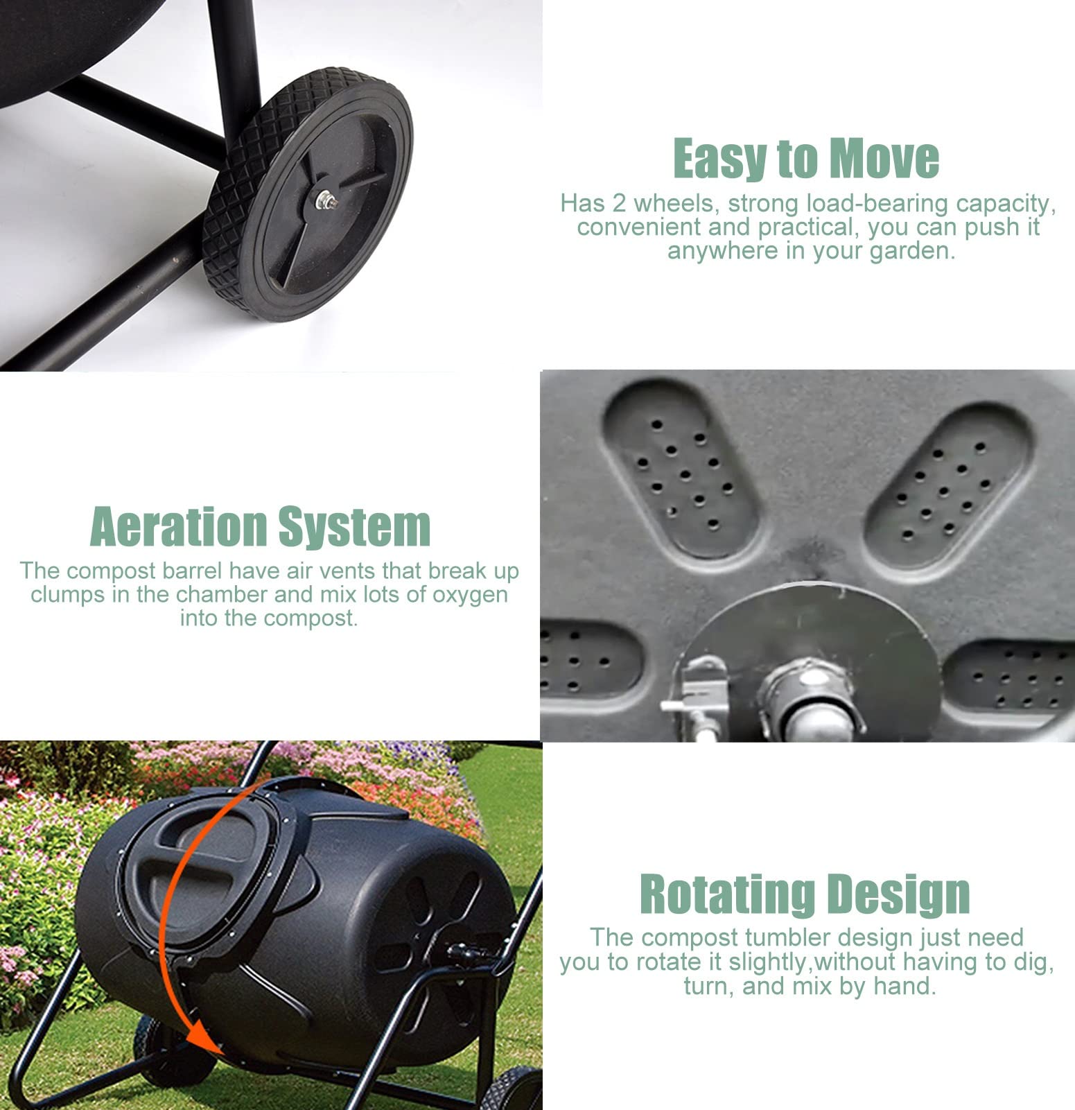 Compost Tumbler 170L - Large Outdoor Composter Bin with Wheels for Easy Movement, Perfect for Garden Yard Leaves and Kitchen Waste
