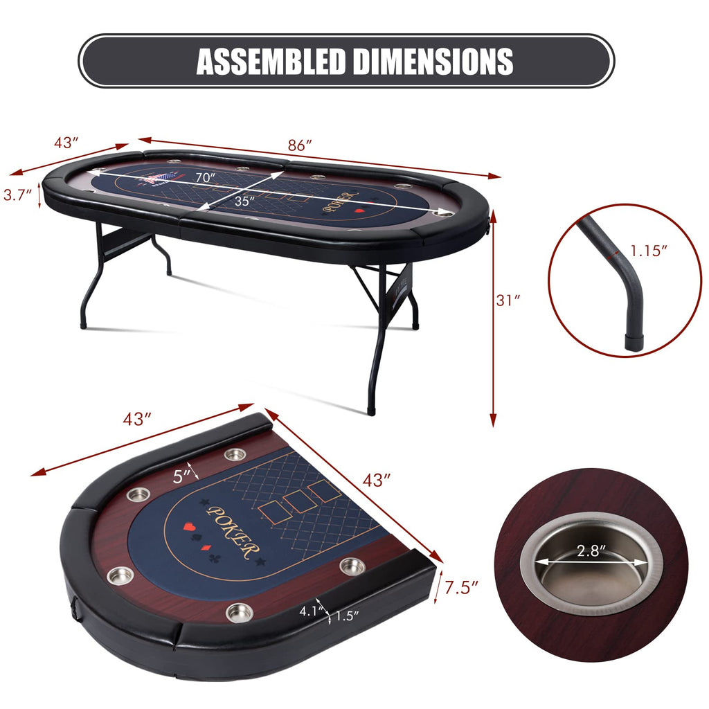 REAHOISY 10 Player Foldable Poker Table, 86" Large Professional Folding Texas Holdem Poker Card Table, Portable Casino Table for Game Room with Padded Rails & Cup Holders
