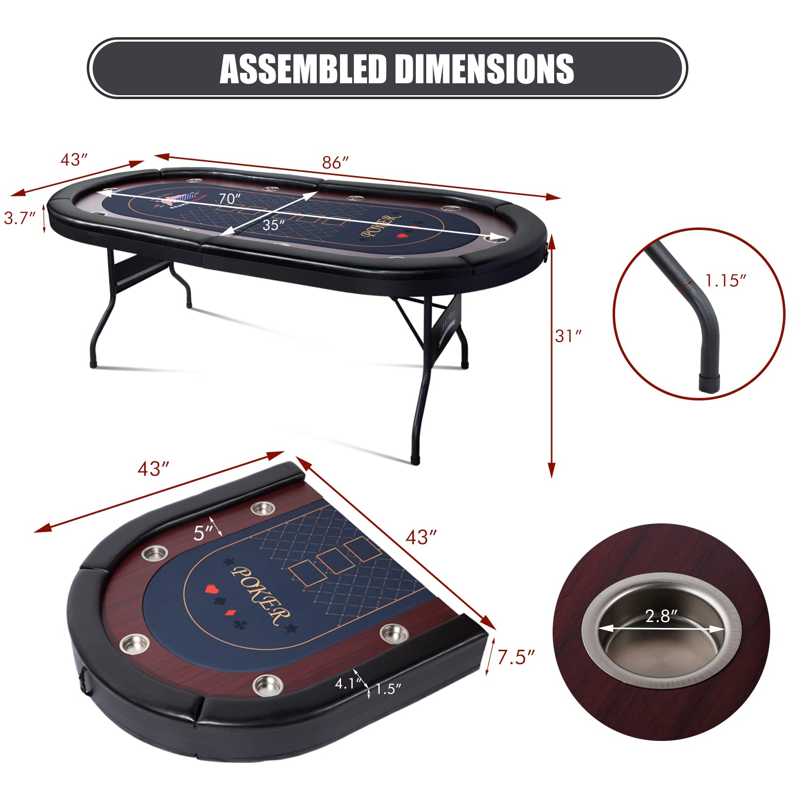 REAHOISY 10 Player Foldable Poker Table, 86" Large Professional Folding Texas Holdem Poker Card Table, Portable Casino Table for Game Room with Padded Rails & Cup Holders