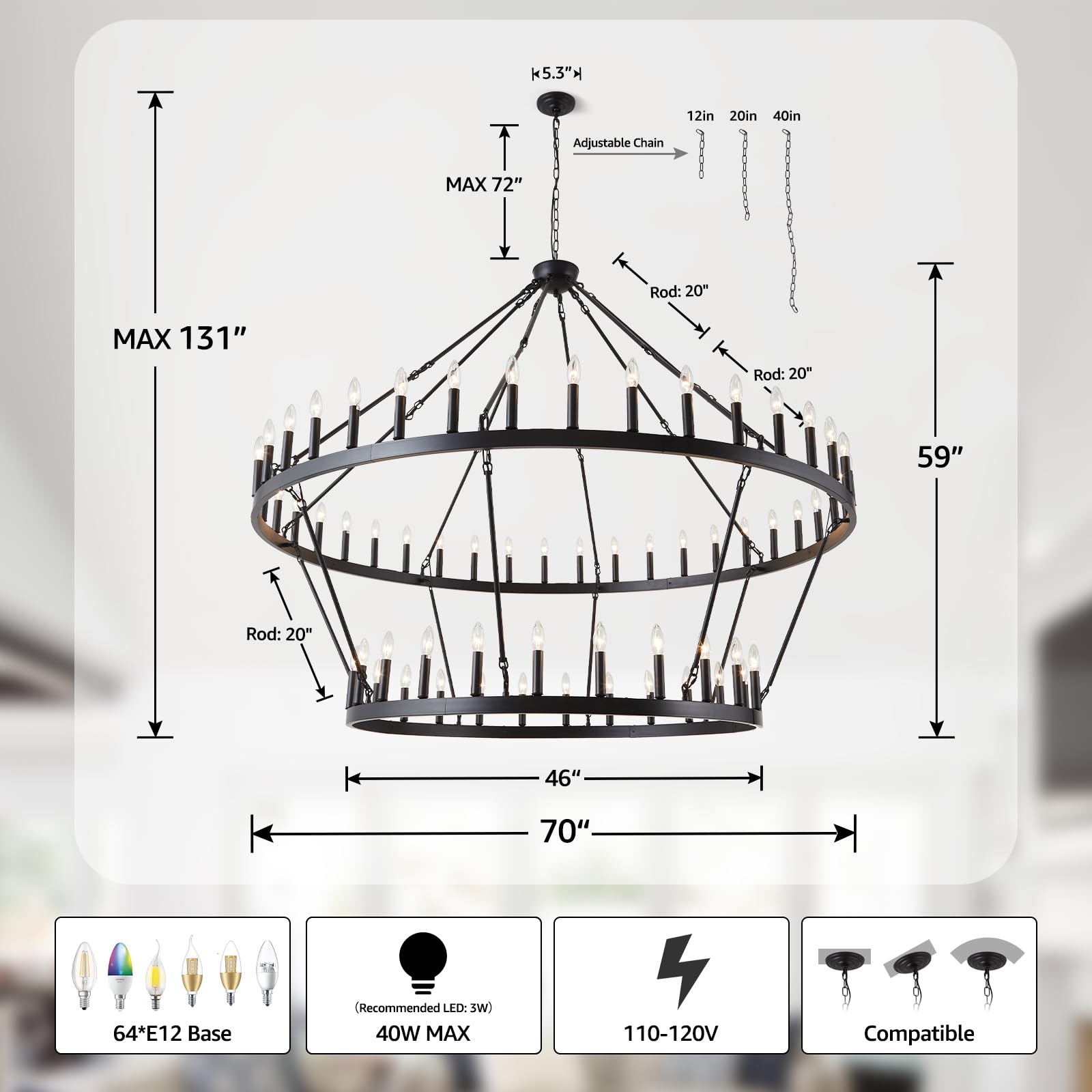 VBKK Wagon Wheel Chandelier Farmhouse 2 Tier 64-Light 70-Inch, Black Industrial Chandelier Rustic Candle Pendant Light Fixture Extra Large for High Ceilings, Dining Room, Living Room, Foyer, E12