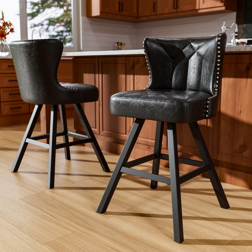 Ollega Bar Stools Set of 2, 26" Counter Height Bar Stools with Backs and Metal Frame, Leather Swivel Barstools, Counter Stools for Kitchen Island, Black