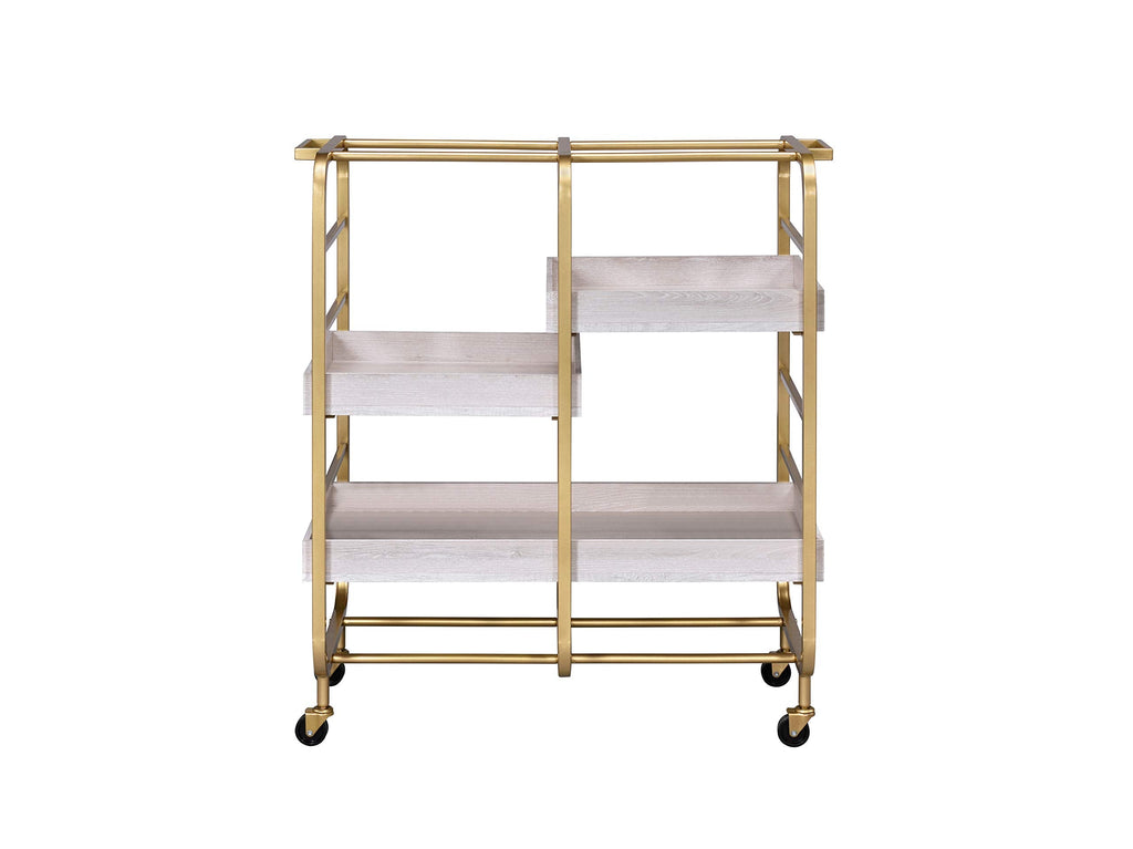 GOLGAILY 34" W x 17" D x 38" H Gold & White Washed Finish Serving Cart with 3 Open Compartments and Adjustable Trays