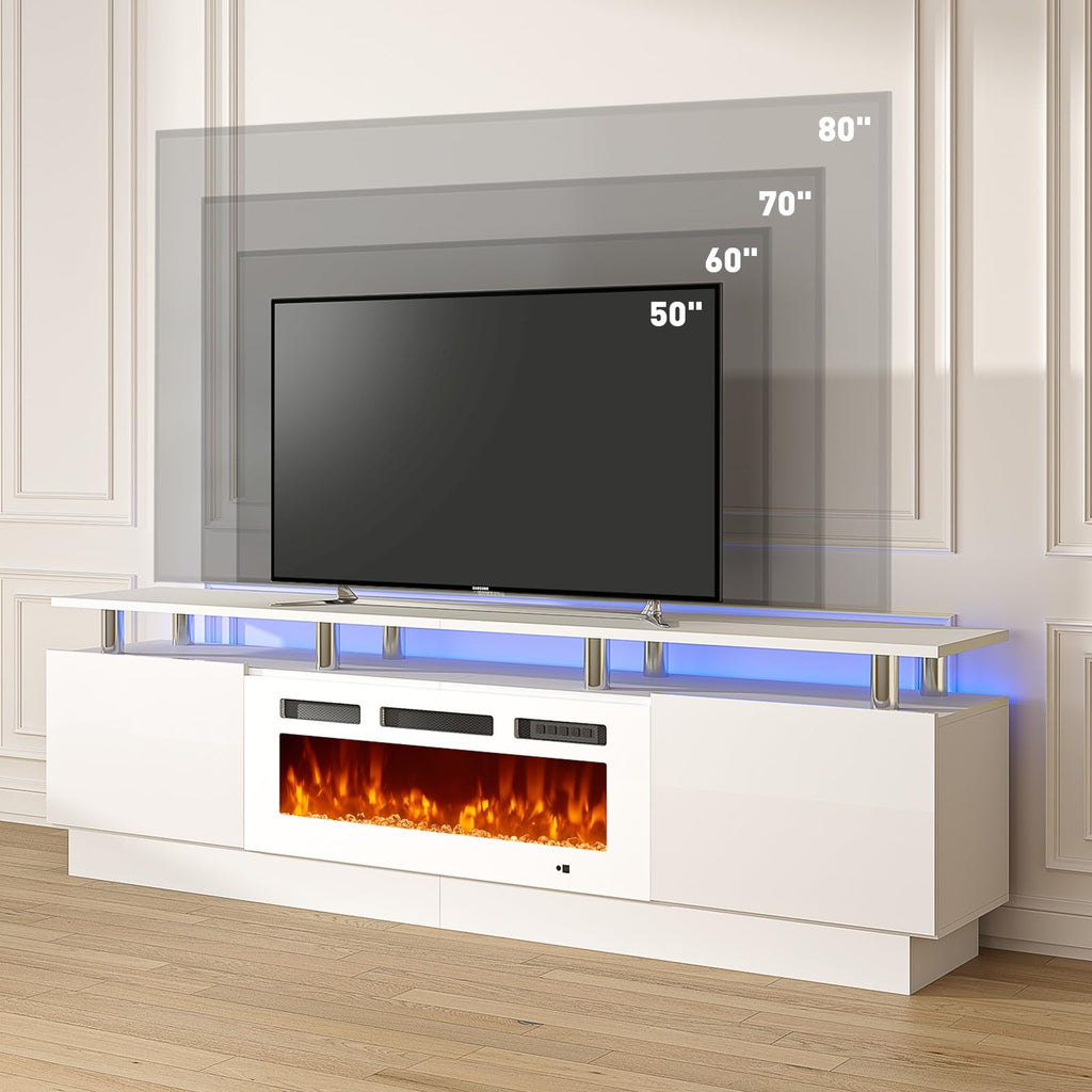 MXV 80" Fireplace TV Stand, Modern Entertainment Center & 36 Inch Electric Fireplace with Remote Control, LED Light, Fire Place Tv Stand for Living Room for TVs up to 90", White + White