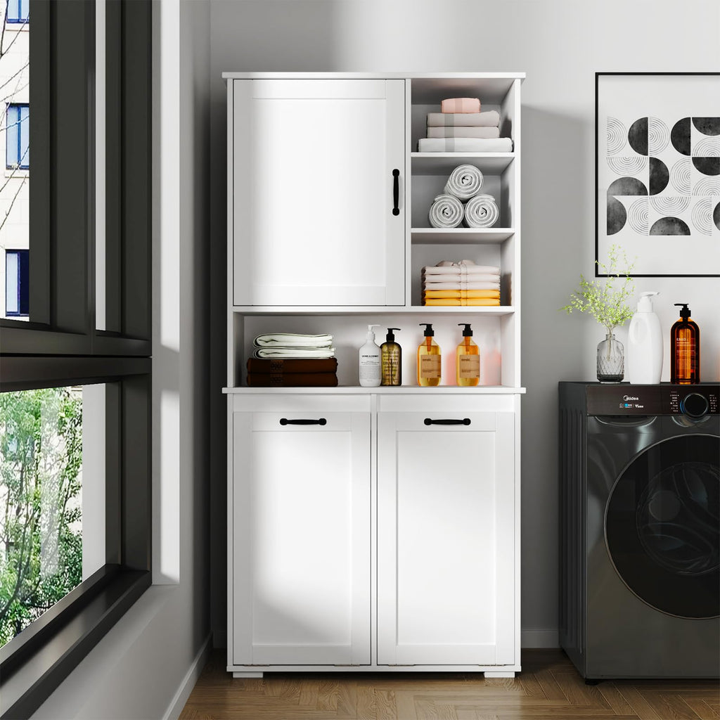 Tall Laundry Cabinet with Double Tilt Out Laundry Hamper, Freestanding Floor Bathroom Cabinet with 12 * 2 Gallon Laundry Storage Basket for Bathroom, Kitchen, White