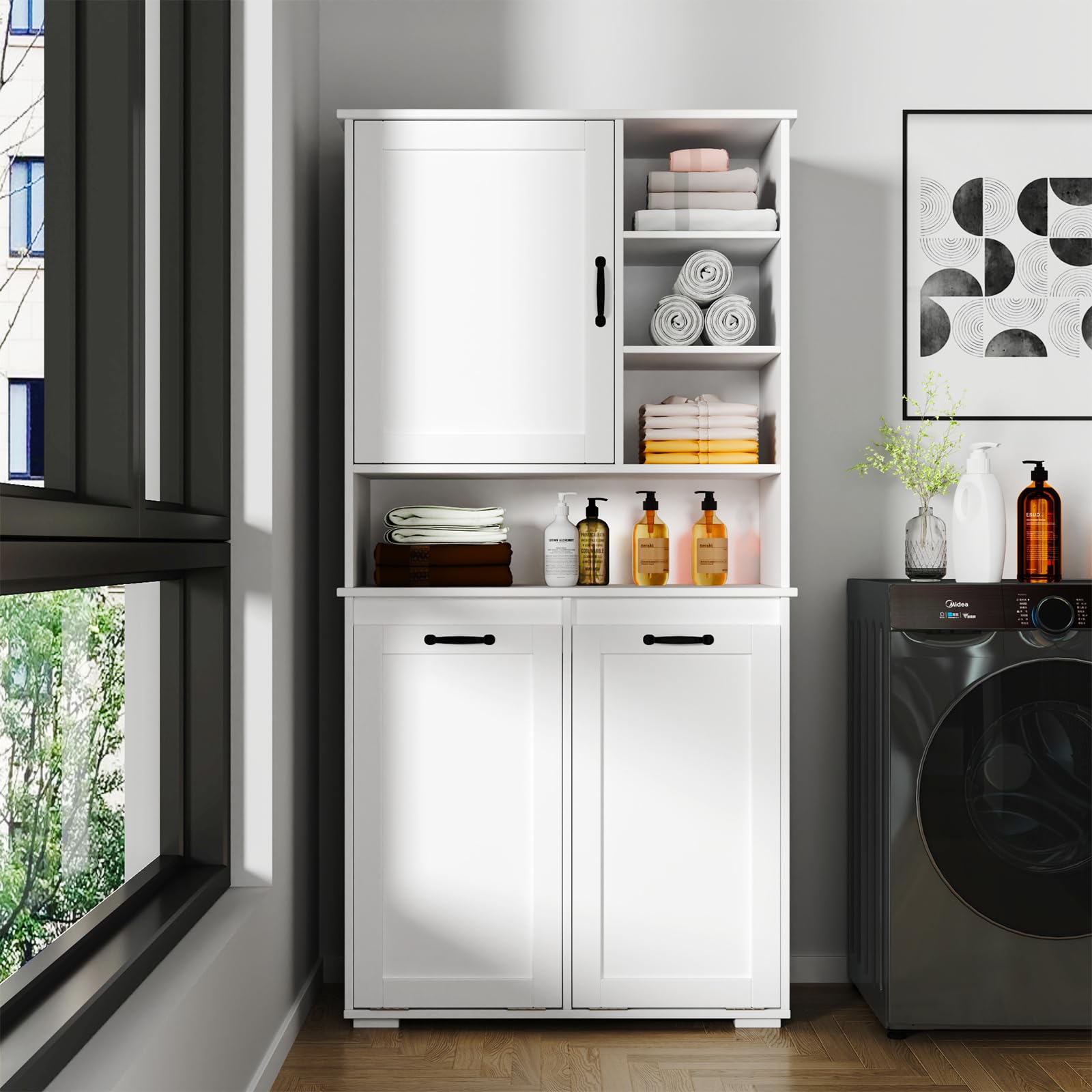 Tall Laundry Cabinet with Double Tilt Out Laundry Hamper, Freestanding Floor Bathroom Cabinet with 12 * 2 Gallon Laundry Storage Basket for Bathroom, Kitchen, White