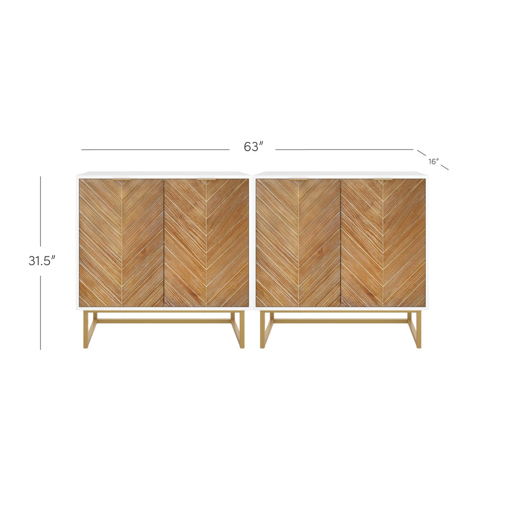 Nathan James Enloe Modern Storage Free Standing Accent Cabinet TV Stand with Doors in a Rustic Pine Wood Finish and Gold Metal Base for Hallway, Entryway or Living Room, Brown/White/Gold, Set of 2