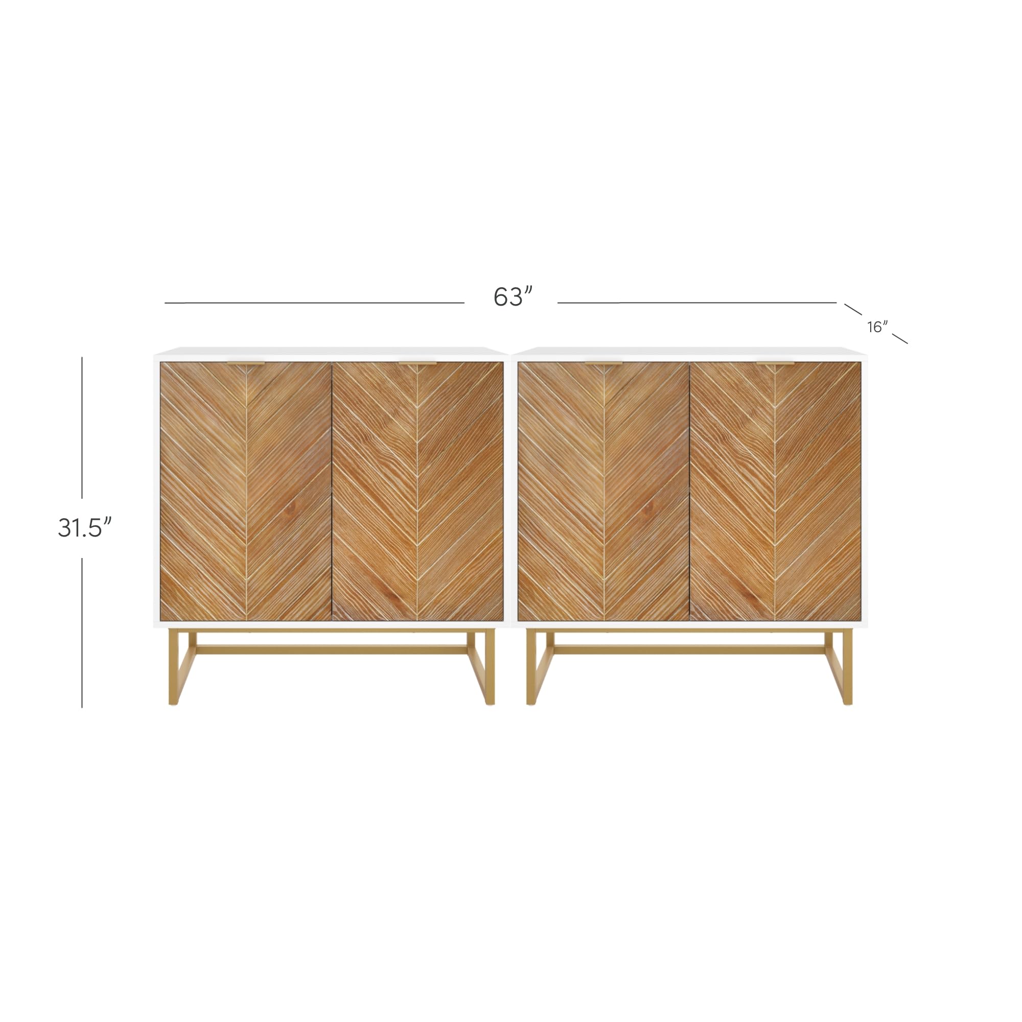 Nathan James Enloe Modern Storage Free Standing Accent Cabinet TV Stand with Doors in a Rustic Pine Wood Finish and Gold Metal Base for Hallway, Entryway or Living Room, Brown/White/Gold, Set of 2