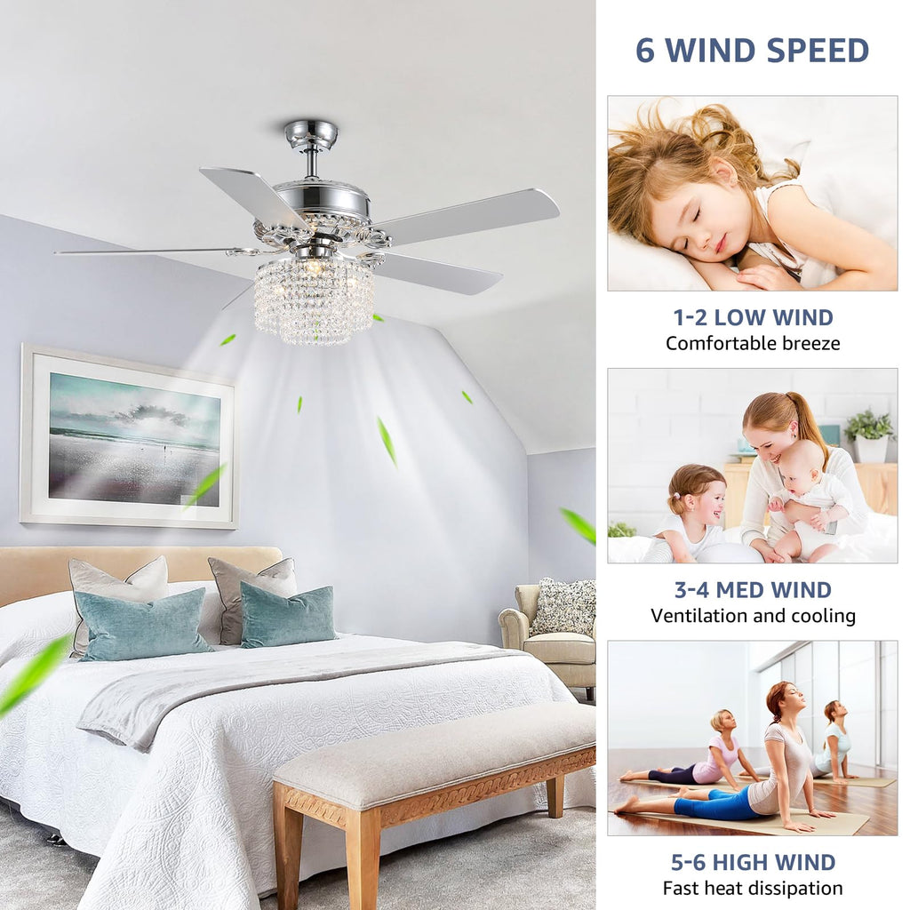 CROSSIO 52 Inch Crystal Ceiling Fan with Light and Remote Control, Modern Chandelier Fan with 5 Reversible Wood Blades Chrome Fandelier for Living Room Bedroom (Fine line Crystal-Ceiling Fan)