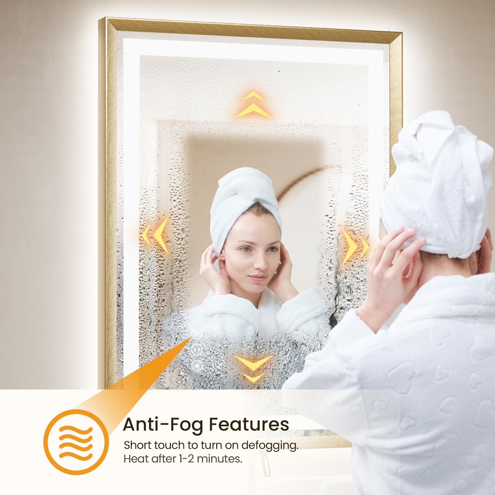 miskerm 55x36 Bathroom Mirror with Lights, Brushed Gold Metal Frame with Backlit + Front Lit, LED Bathroom Mirror, Anti-Fog, Dimmable, Bathroom Vanity Mirror Tempered Glass(Horizontal/Vertical)