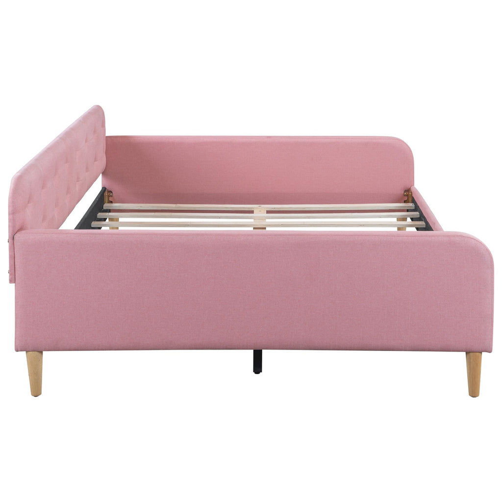 GDFStudio Full Size Upholstered Daybed with Support Legs, Linen Sofa Bed Frame with Button Tufted Sides, Wood Slat Support, No Box Spring Required, Modern Guest Bed for Bedroom or Living Room, Pink