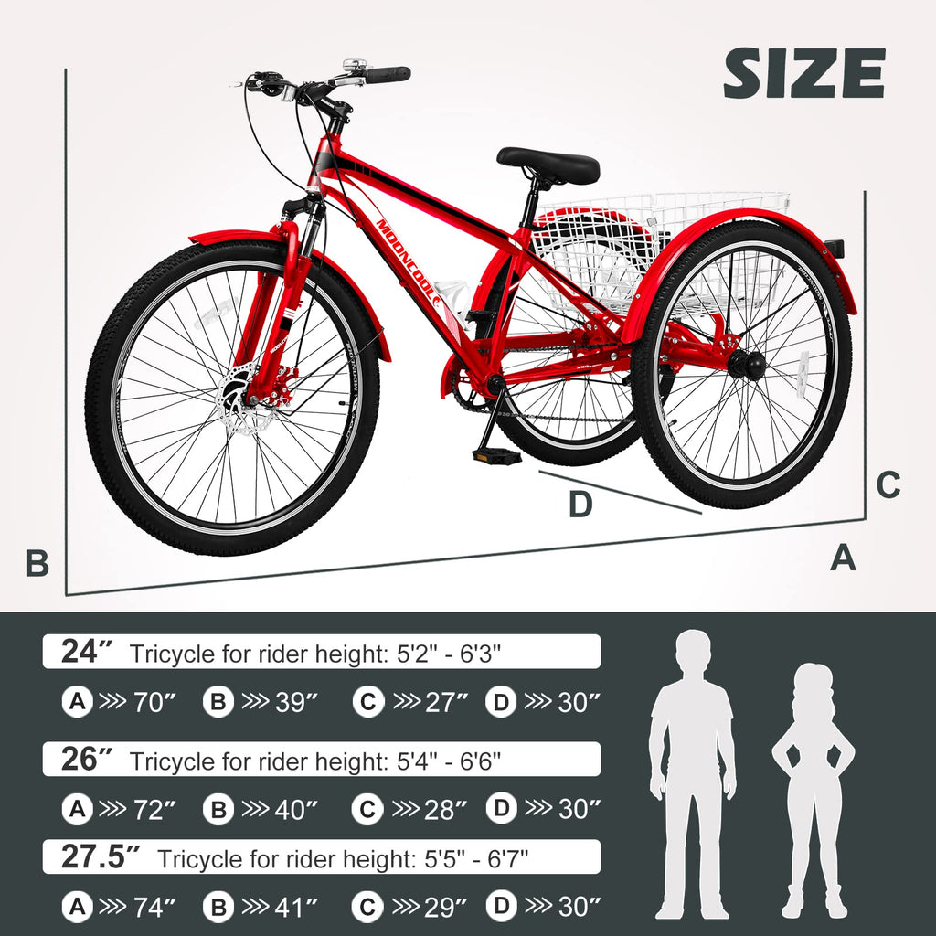 H&ZT Adult Tricycle, 3 Wheeled Bike, Trike Cruiser Bike, with 7-Speed Gear, Parking Brake Handle, Low Step, Large Rear Basket, Elderly Friendly, for Men, Women, and Teens