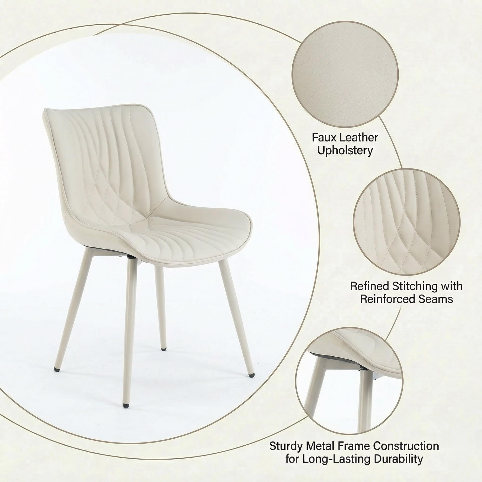 Kidol & Shellder Dining Chairs Set of 2, Mid Century Modern Kitchen Chairs with Metel Legs, PU Leather Upholstered Side Chair for Dining Room, Living Room, Lounge, Restaurant, Cream