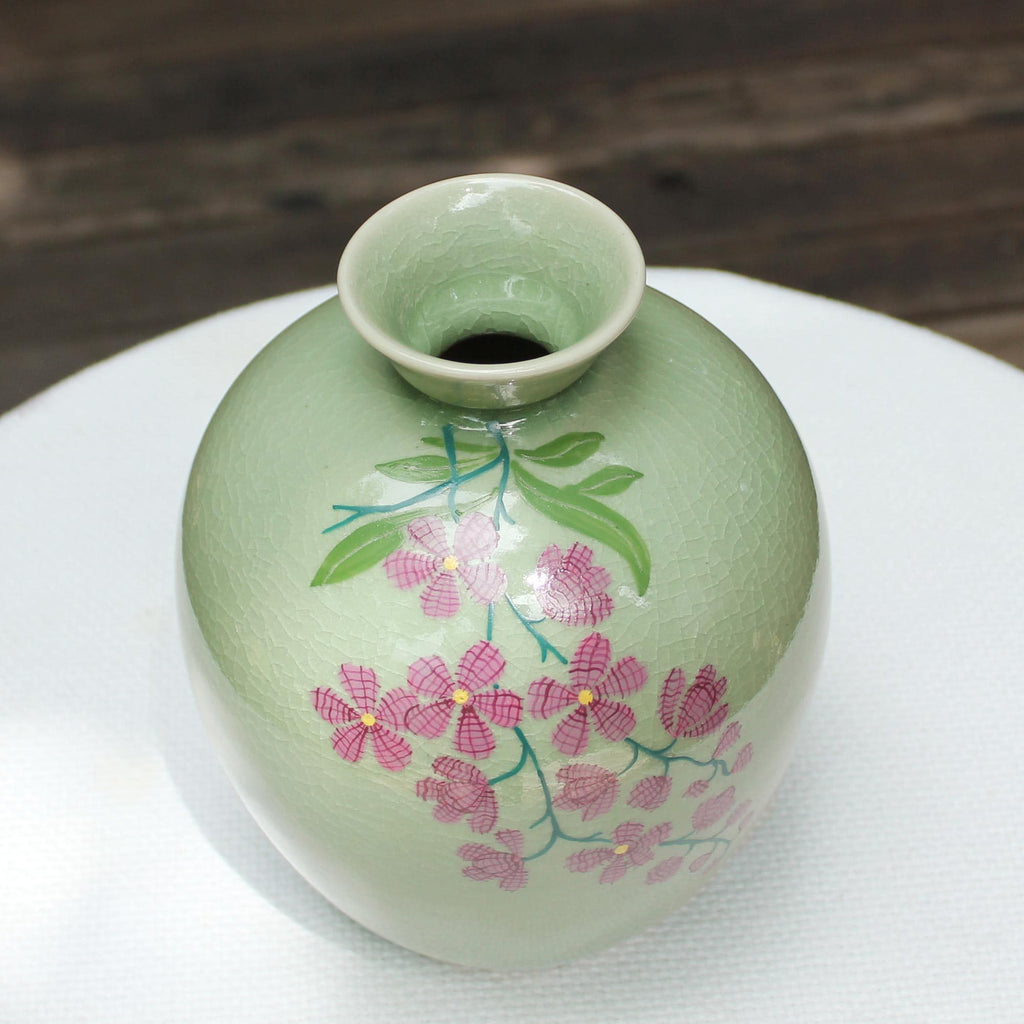 NOVICA Artisan Handcrafted Celadon Ceramic Vase Floral from Thailand Pink Vases [8.5in H x 6.5in Diam.] ' Round Garden'