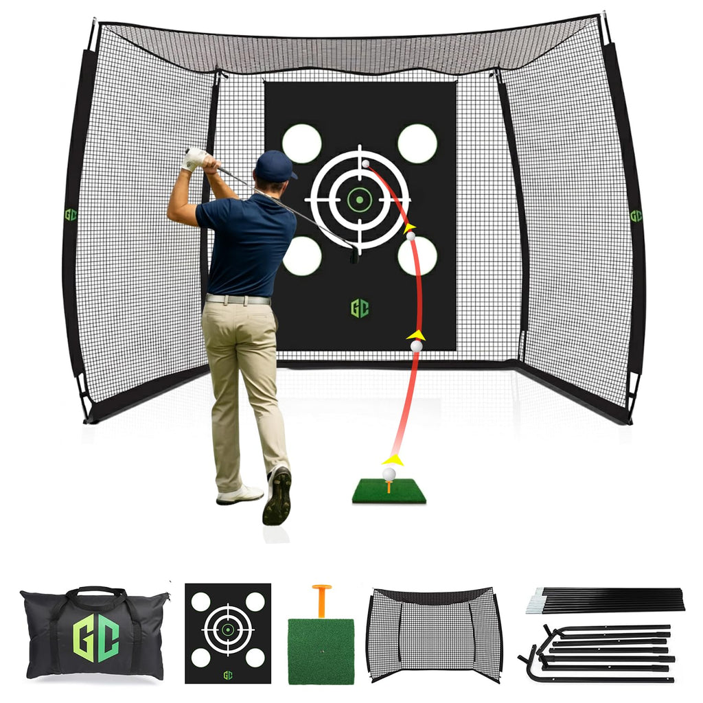 Heavy-Duty Golf Hitting Net 10x8x5.5 FT- Golf Practice Net with Silent Target Tarp, 4-Ply Net, Mat & Tee, Steel Tubes, Poles & Carry Bag - Golf Nets for Backyard, Indoor, Outdoor & Garage