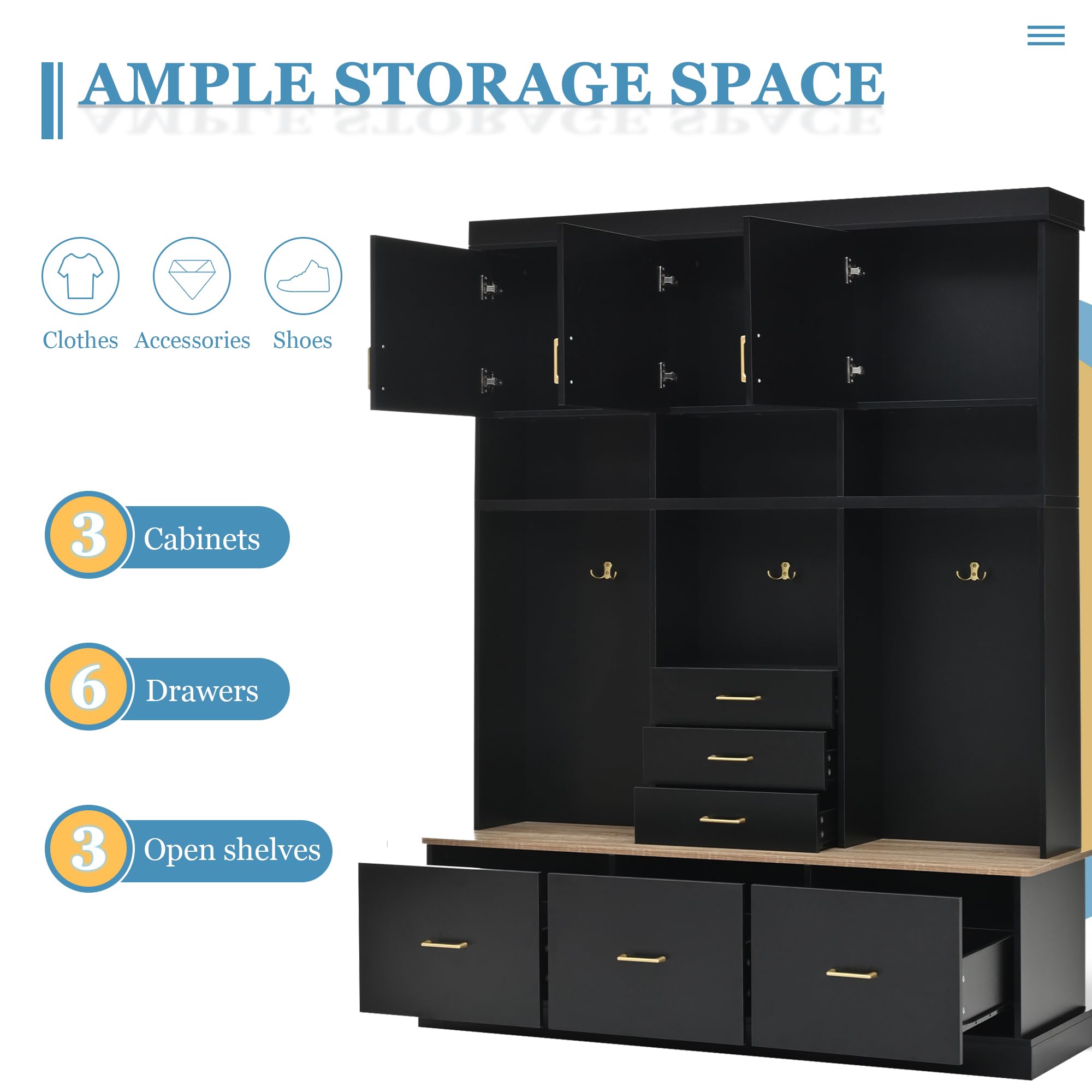 Amposei Hall Tree with Storage Bench & Coat Rack 58’’W Modern Tall Entryway Oranizer Cabinet with 6 Drawers, 3 Metal Hooks for Living Room Hallway Mudroom, Black