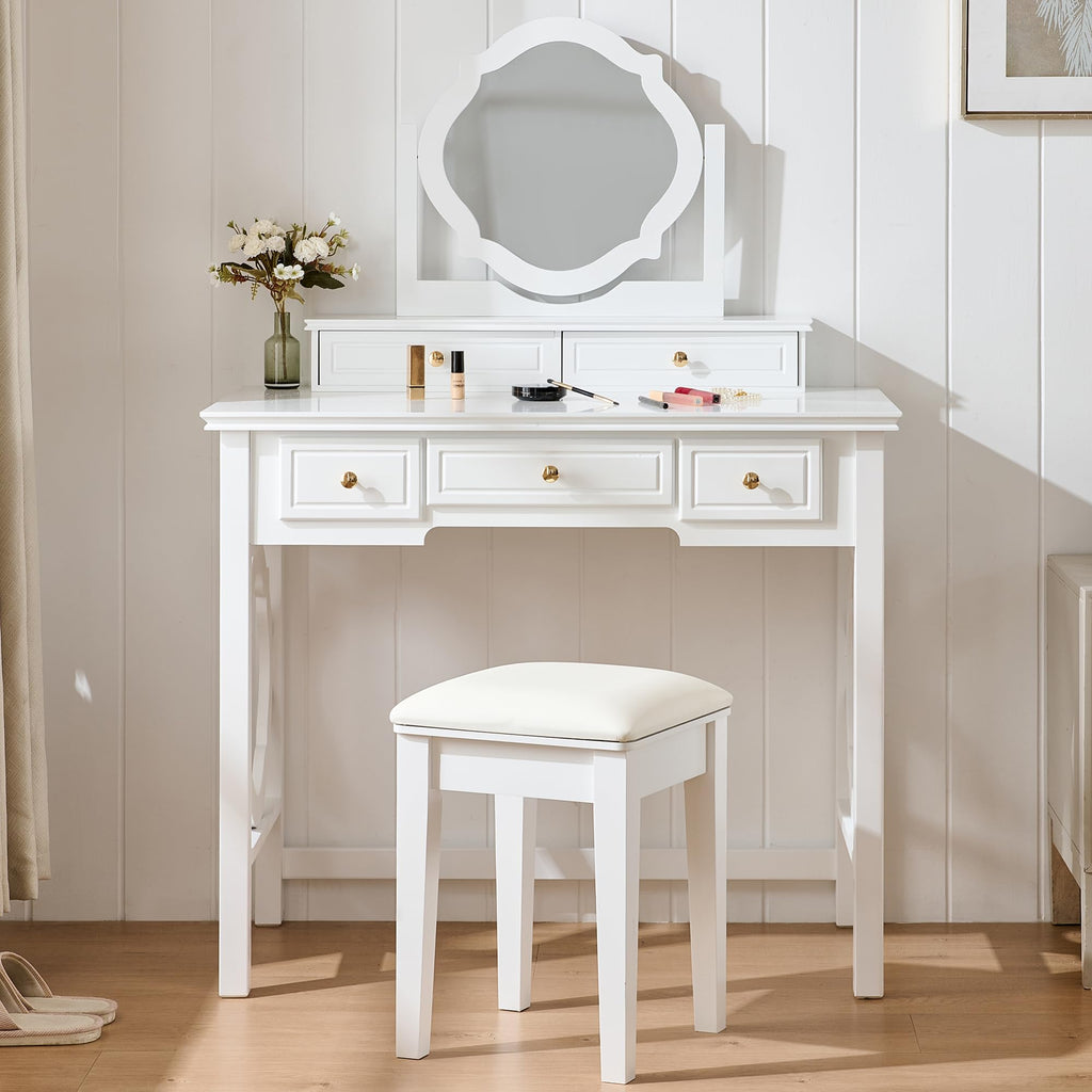 Merax 35.5 Inch Vanity Desk with Reversible Mirror, Compact White Makeup Vanity Table Set with 5 Storage Drawers & Chair, Modern Small Exquisite Dressing Table for Women Girls Bedroom Dorm