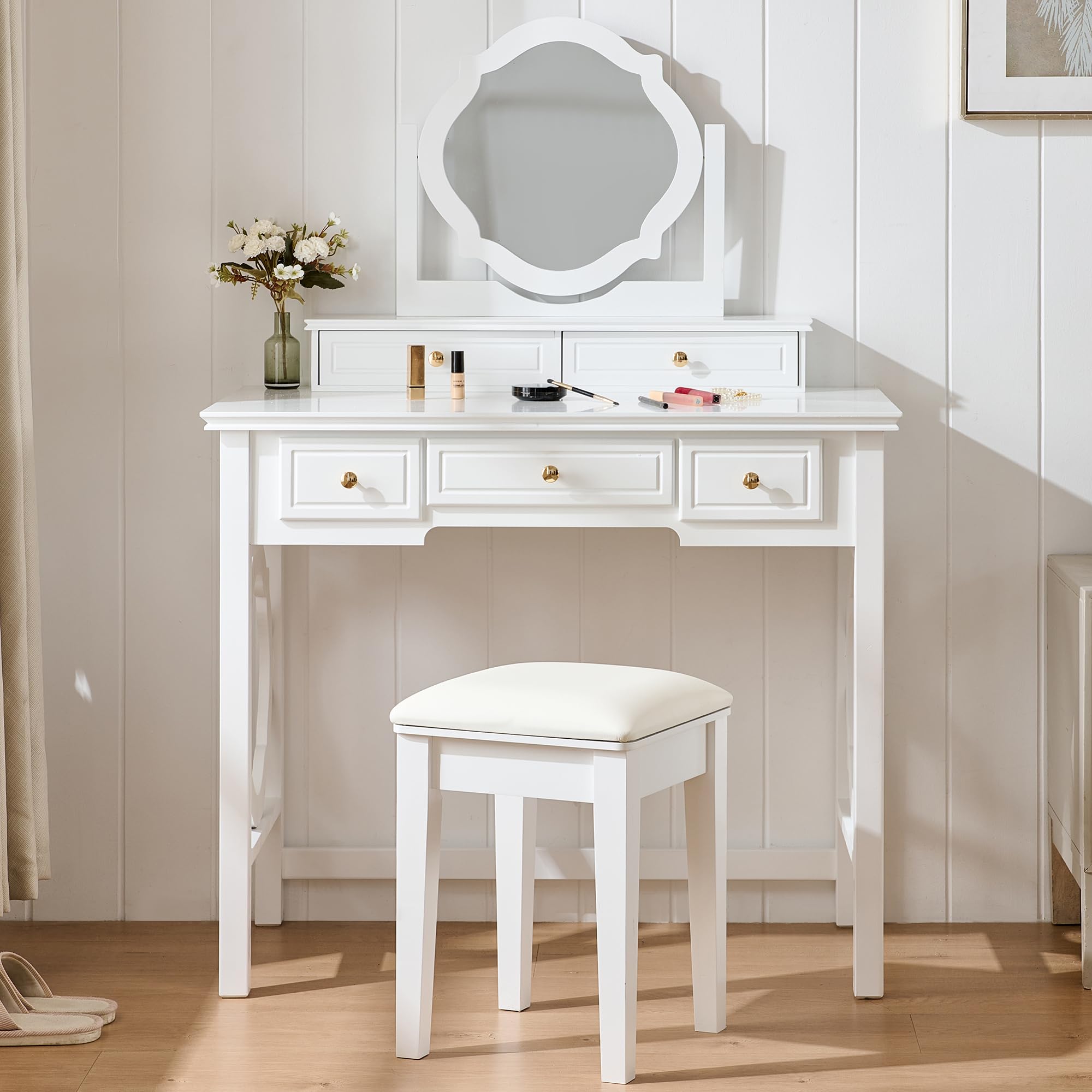 Merax 35.5 Inch Vanity Desk with Reversible Mirror, Compact White Makeup Vanity Table Set with 5 Storage Drawers & Chair, Modern Small Exquisite Dressing Table for Women Girls Bedroom Dorm