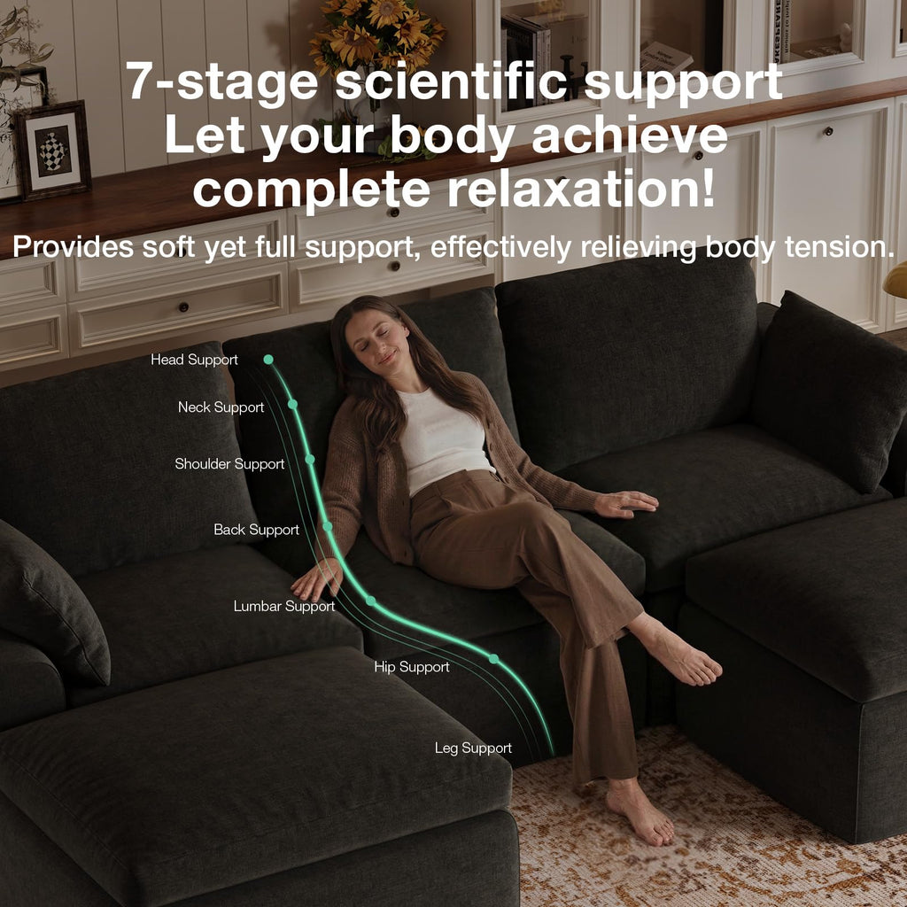 Novilla 133.8" Modular Cloud Couch, Modern Sectional Sofa with Smarts Coil® Support, Chenille Fabric, Upholstered Couch for Living Room Apartments Bedroom, No Assembly, 6 Seater, Dark Grey