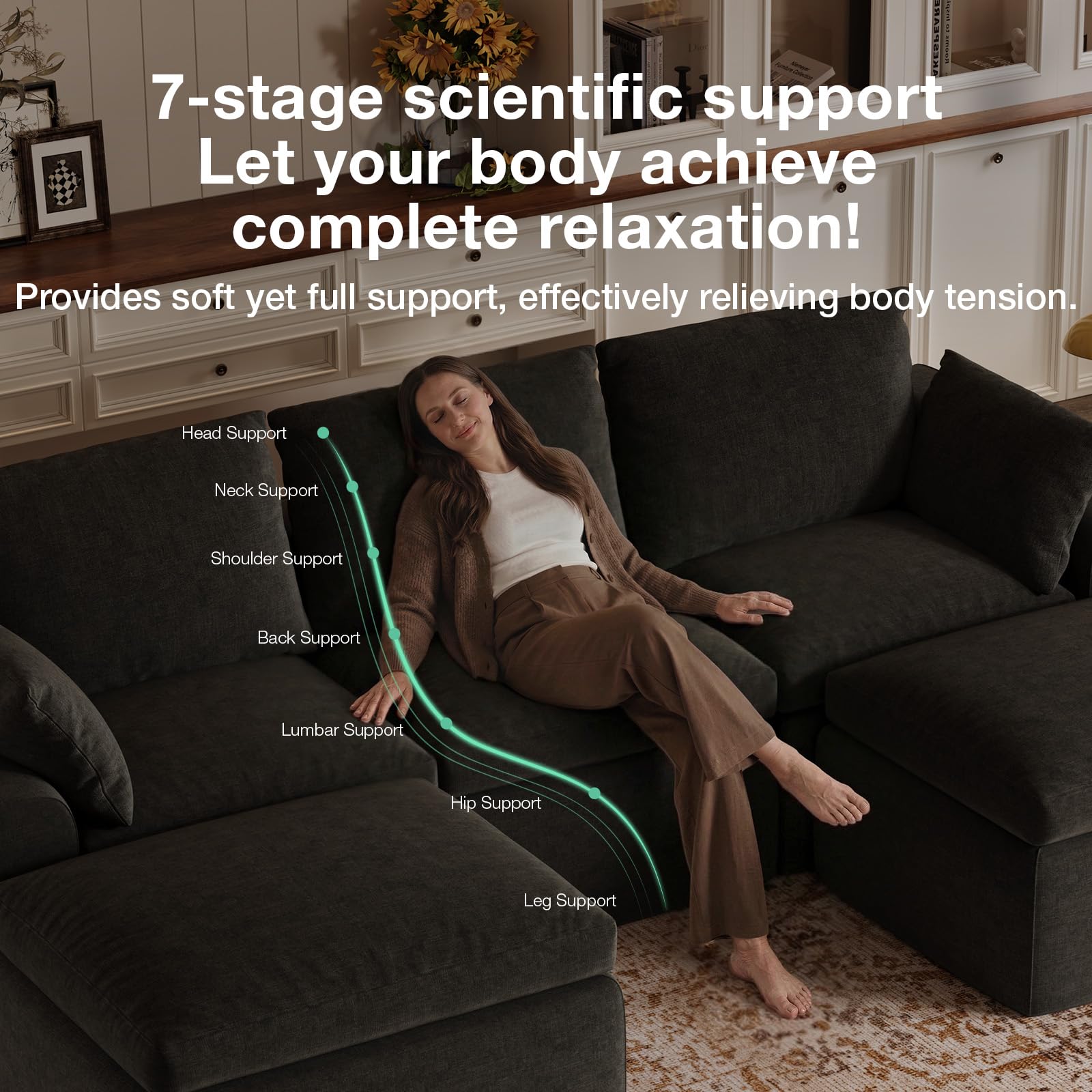 Novilla 133.8" Modular Cloud Couch, Modern Sectional Sofa with Smarts Coil® Support, Chenille Fabric, Upholstered Couch for Living Room Apartments Bedroom, No Assembly, 6 Seater, Dark Grey