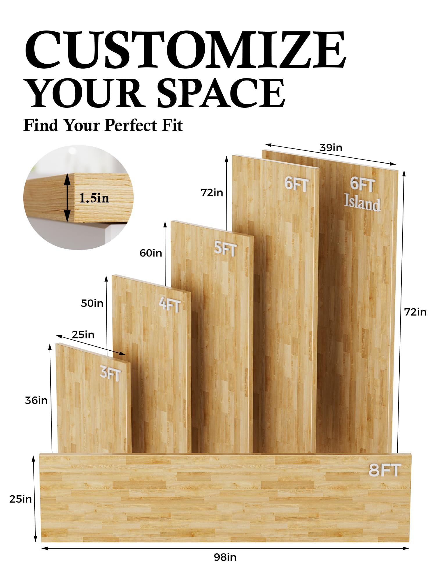 6FT Butcher Block Countertop Birch Solid Wood - 72" x 39"