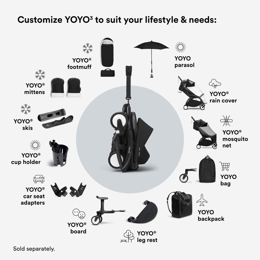 Stokke YOYO3 Stroller from 6 Months - Includes Black Frame, Seat Cushion & Canopy - Folds in & Out in a Flash - Light & Compact - Carry-On Compatible