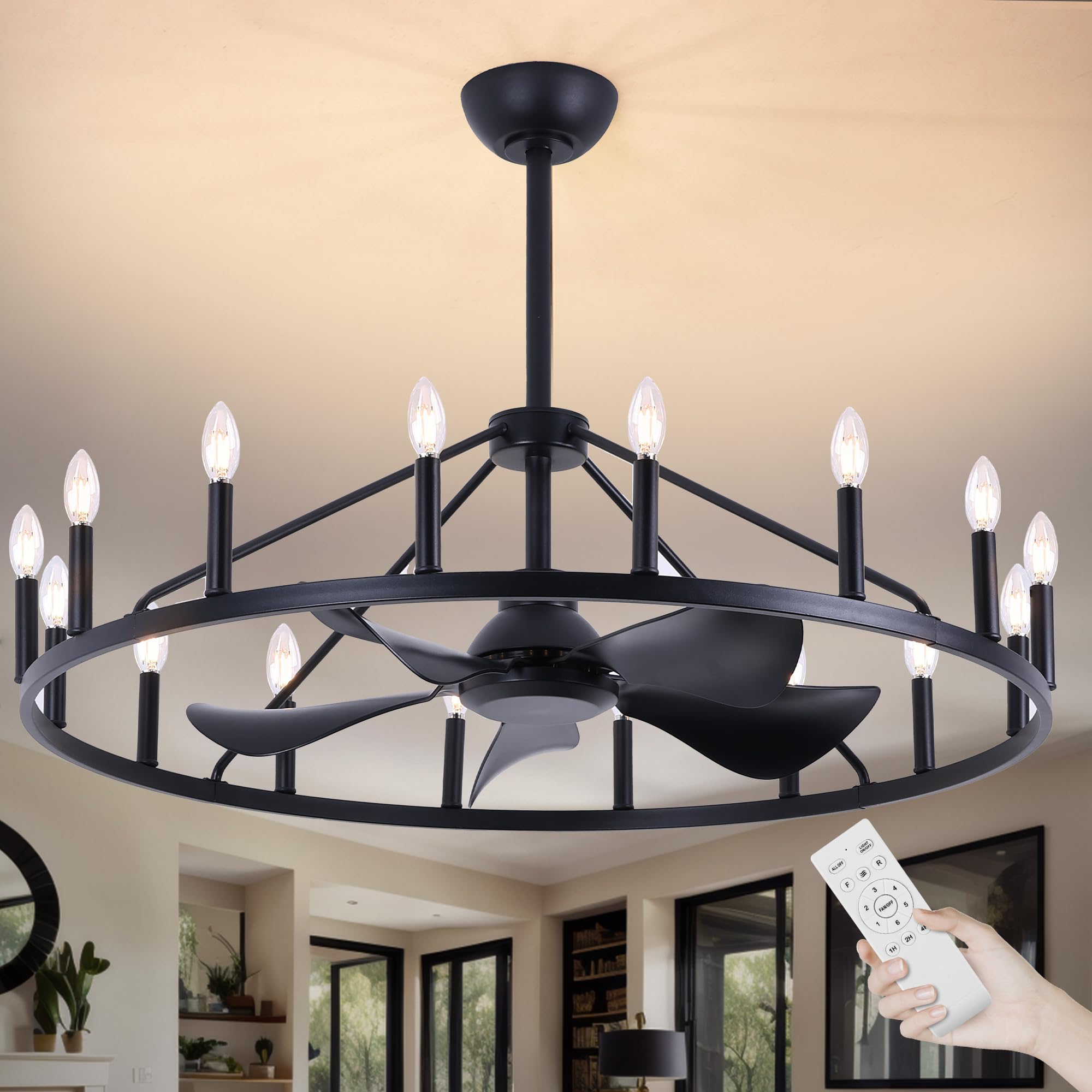 COCOSTAR 44" Black Wagon Wheel Chandelier Farmhouse Ceiling Fan with Light and Remote,16-Lights Large Fandelier with Candle,Rustic Big Light Fixture for Living Room Kichen Dining Room