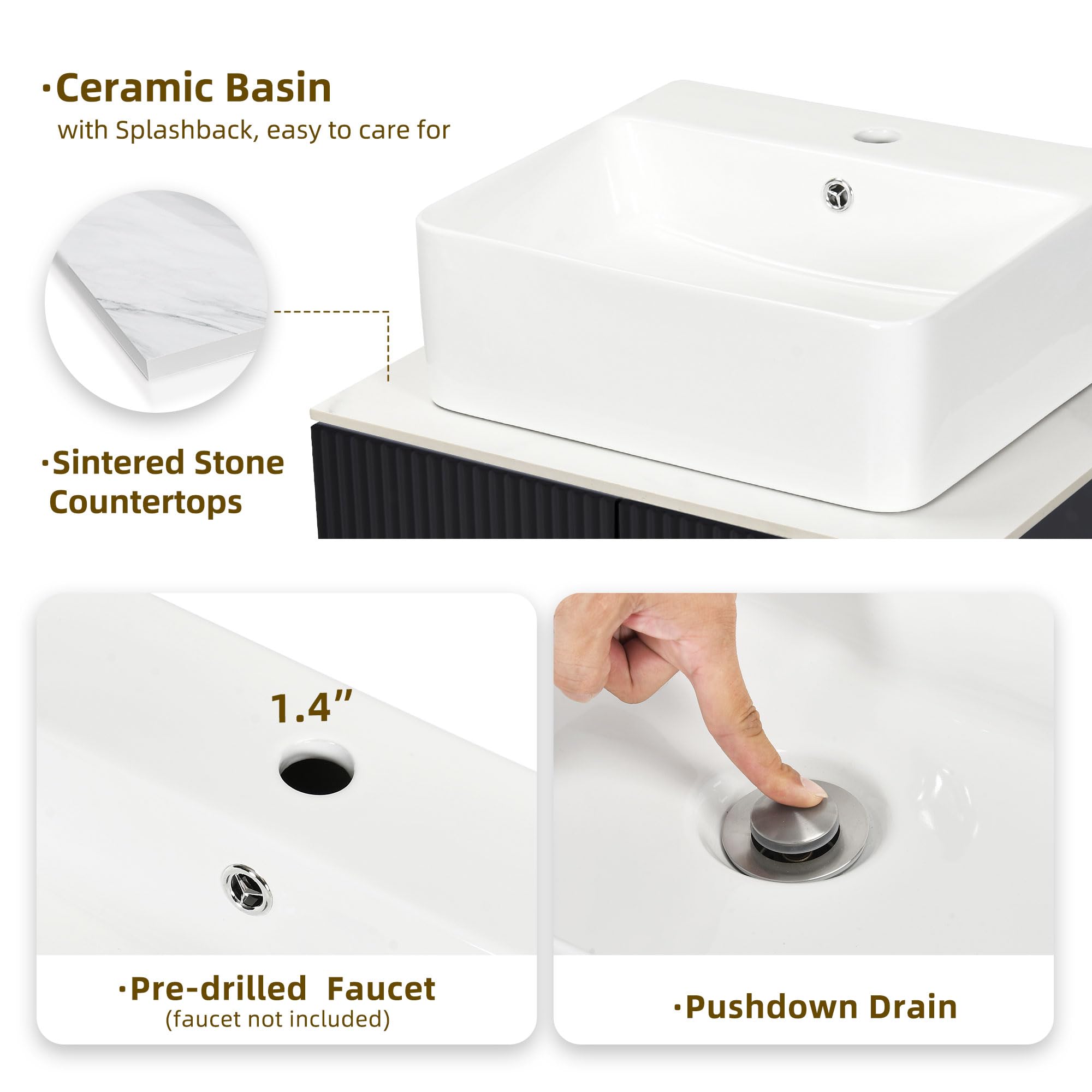 DWVO Bathroom Vanity 24 Inch with Counter Top Sink Combo, Modern Bathroom Storage Vanity Cabinet Set Included 2 Large Soft Closing Doors, Drain, Gold Handles & Legs, Black