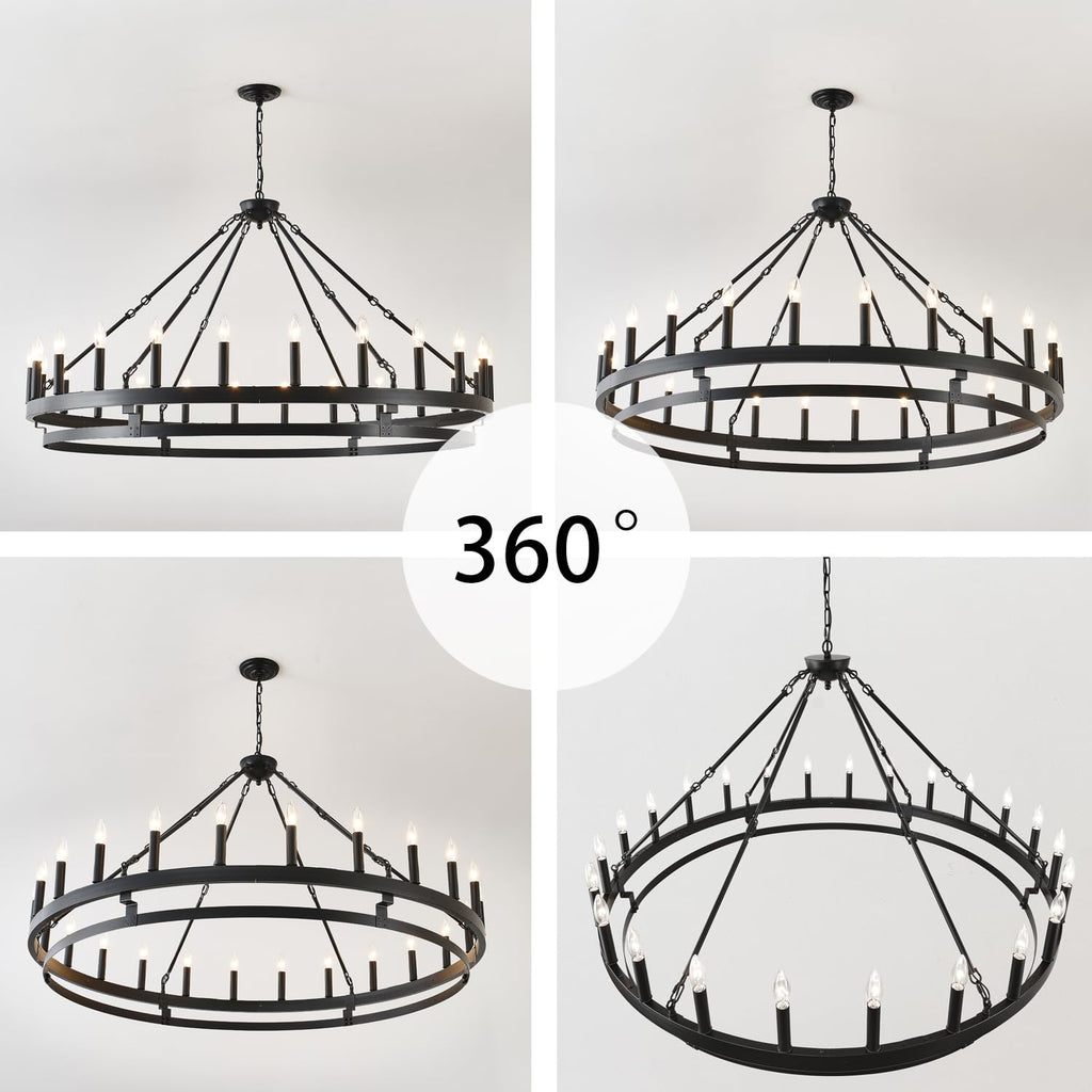 JKLX 53 inch Large Black Wagon Wheel Chandelier,Farmhouse Industrial Country Style Round Pendant Light Fixture,Round Ceiling Light fixtures for Outdoor Porch high Ceilings Living Foyer Entryway
