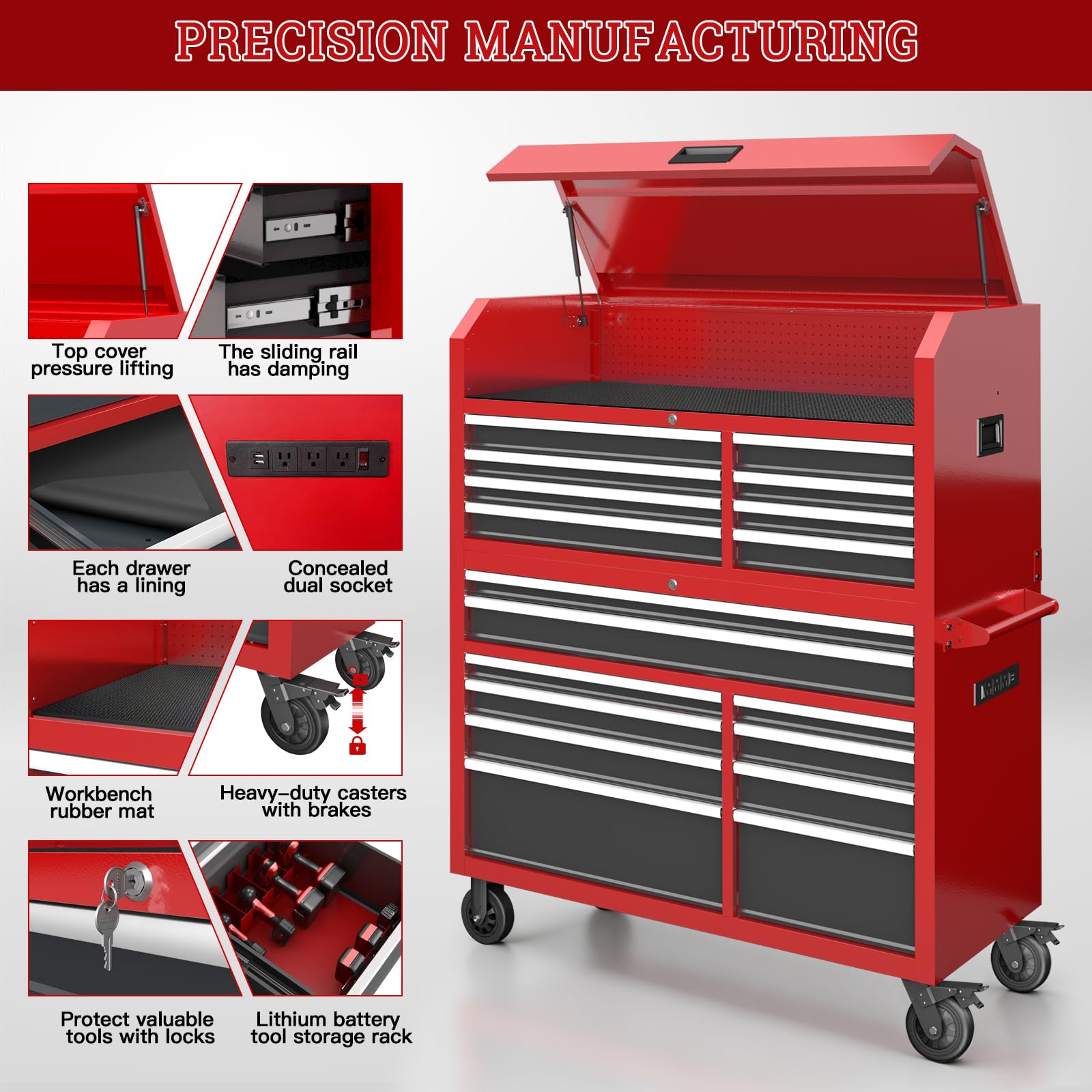 Tool Chest 18-Drawer | 66'' Large Rolling Tool Chest with Wheels | Detachable Top Metal Tool Box with Gas Struts | Lockable Rolling Tool Cabinet with Liners,Power Strip | Garage, Repair Shop, Workshop