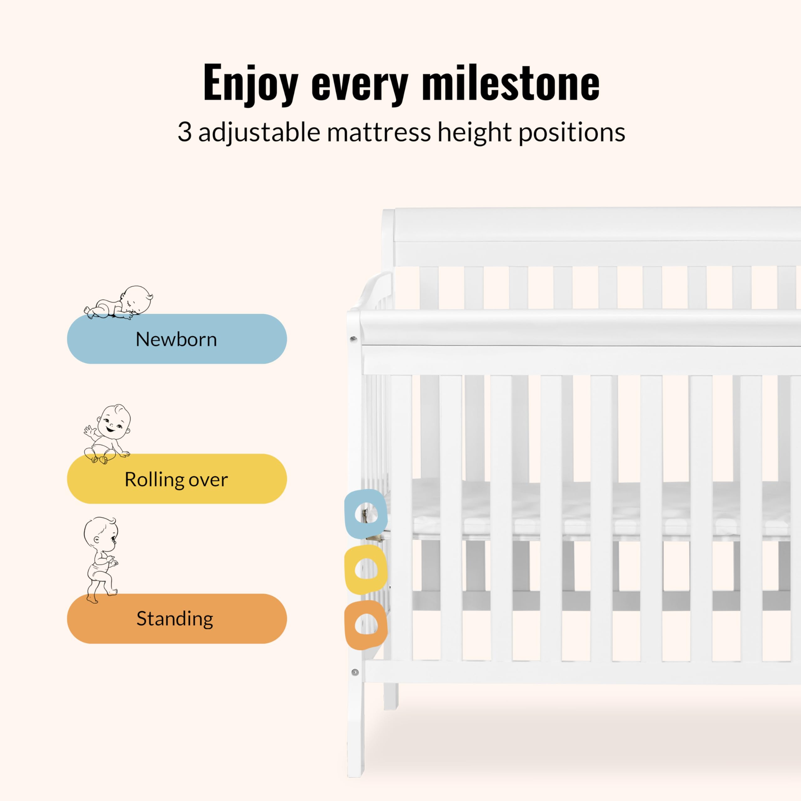 Dream On Me Jayden 4‑in‑1 Mini Convertible Baby Crib & Changer with Storage in White, Pinewood, GreenGuard Gold & BSA, 1” Mattress Pad, 3 Mattress Heights, Converts to Mini Day & Twin-Size Bed