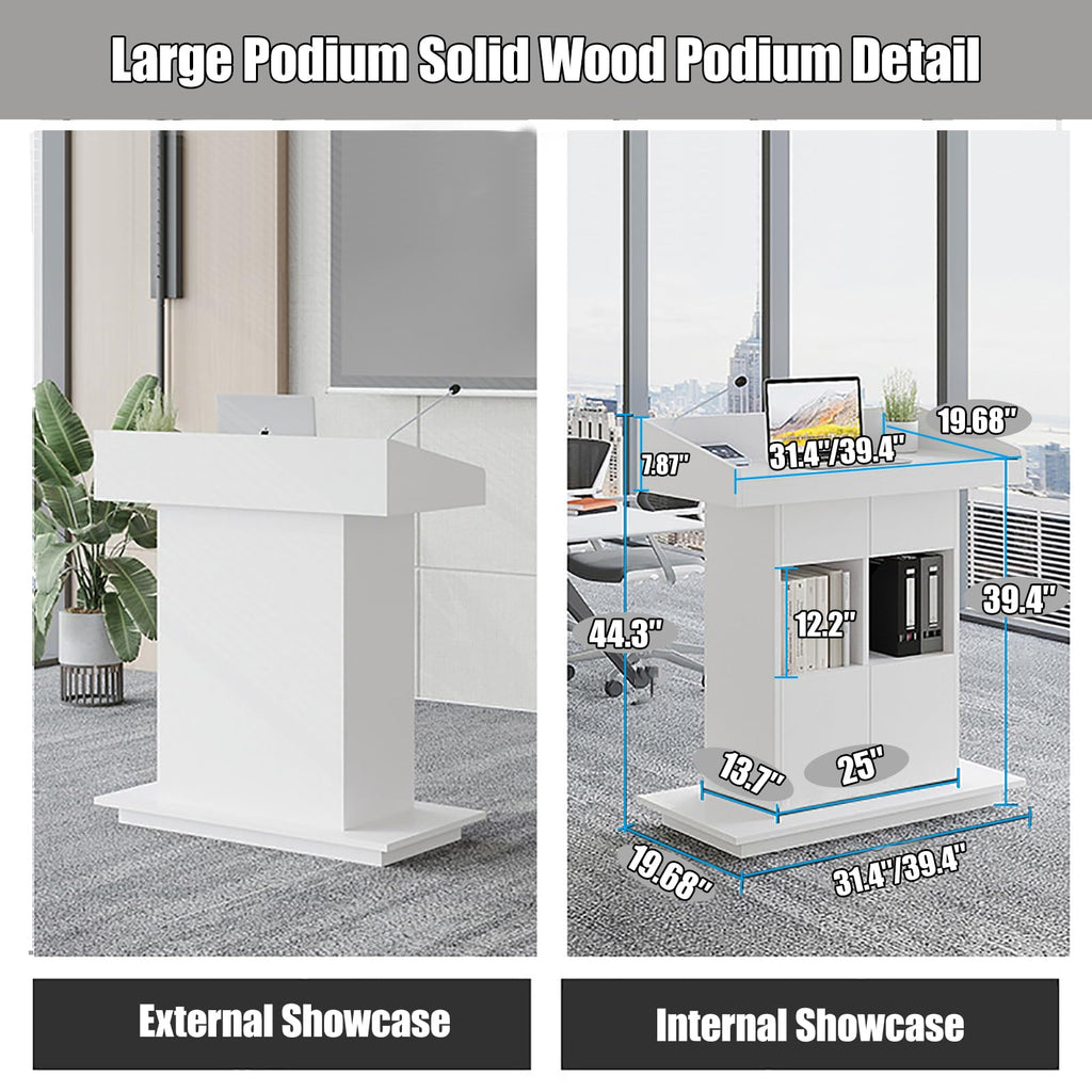 Lectern Solid Wood Podiums Floor Standing Podiums Rolling Podium with Wheel Church Podium and Pulpits Mobile Speaking Lectern with Wire Holes and Storage (White, 39.4″×19.68″×44″)