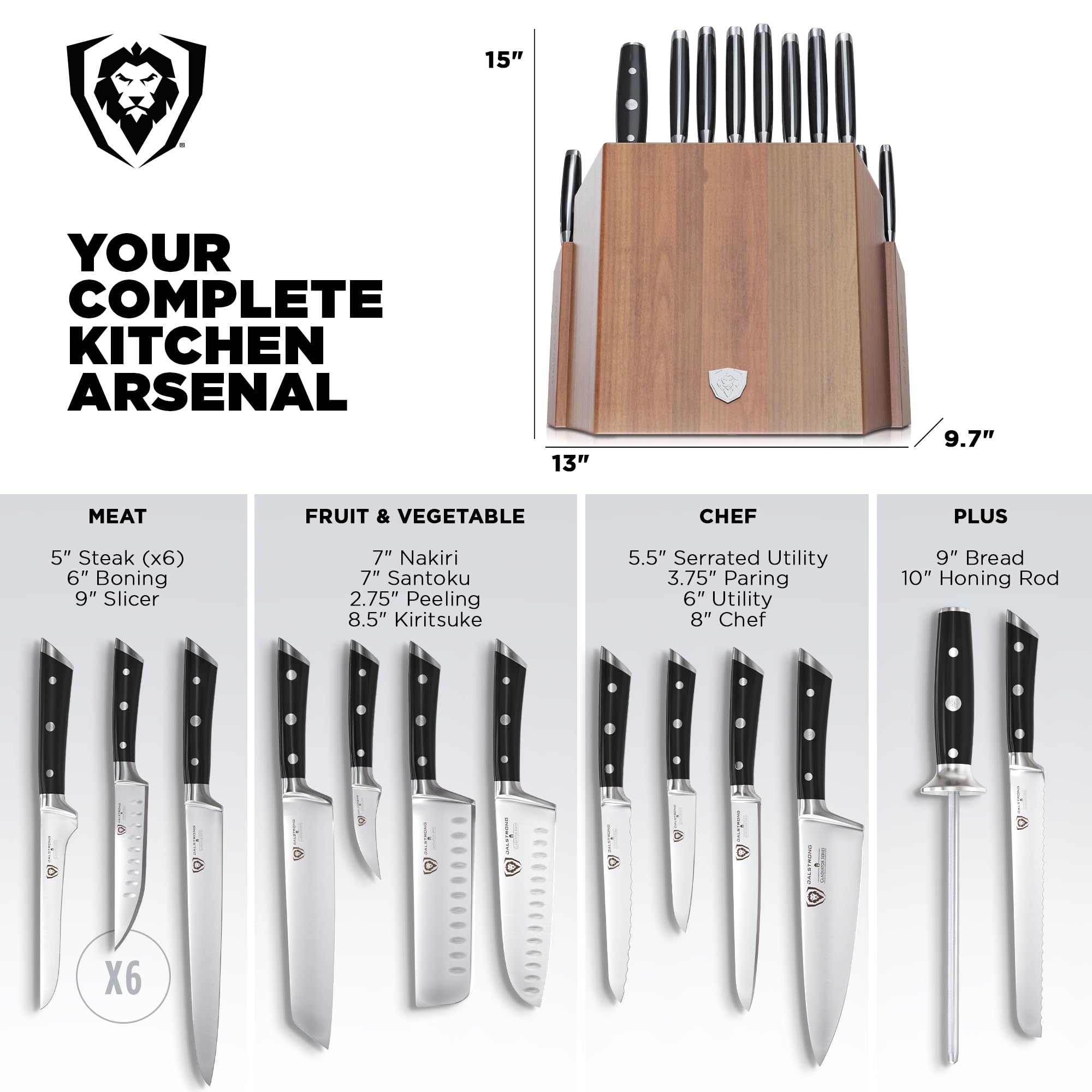 Dalstrong 18-Piece Gladiator Colossal Knife Block Set — German High-Carbon Steel, Full-Tang, Hand-Sharpened — For Home Chefs, Wedding Registries & Serious Kitchens — Acacia Wood Block, NSF Certified
