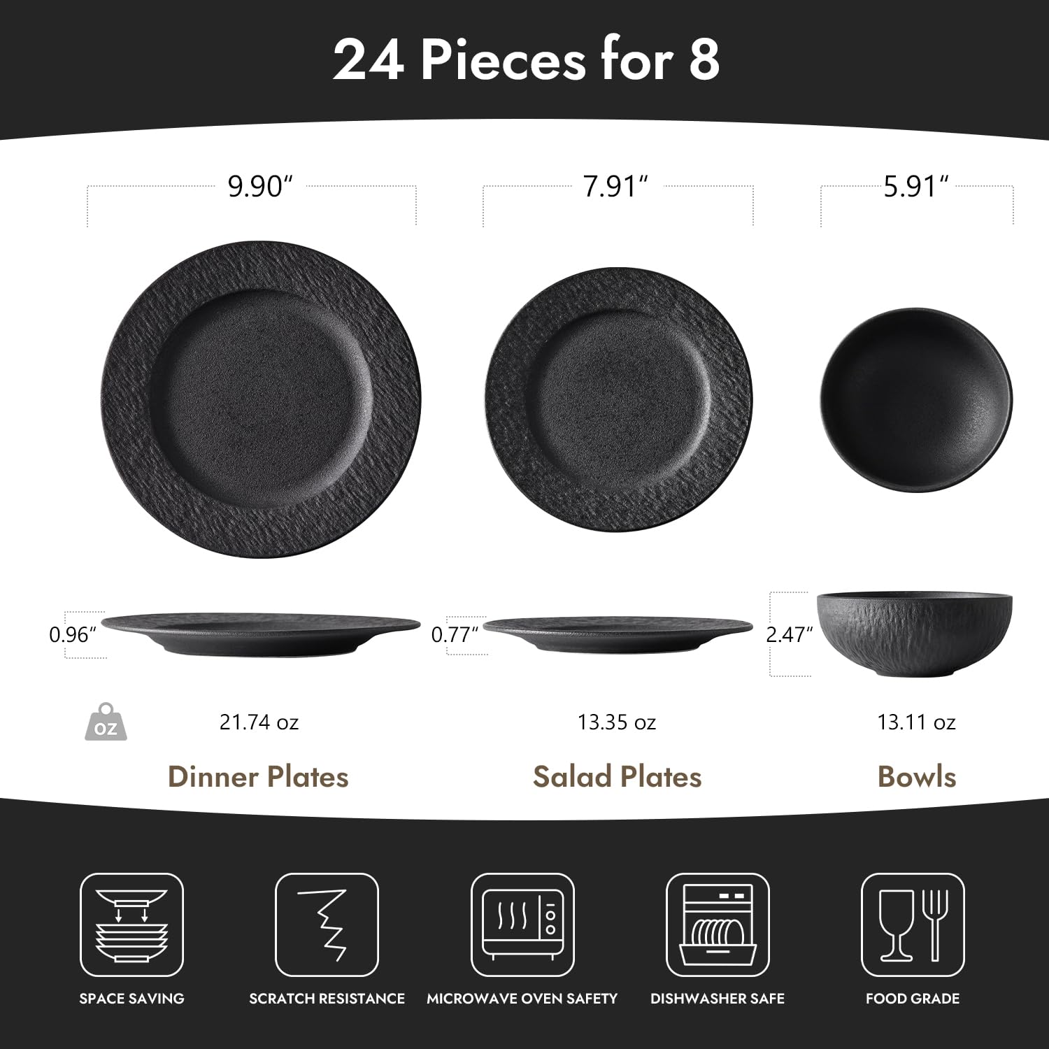 KINGSTONE Black Dinnerware Sets, 24-Piece Matte Marble Pattern Premium Porcelain, Place Setting with Dinner Plate, Salad Plate, Pasta Bowl, Microwave and Dishwasher Safe