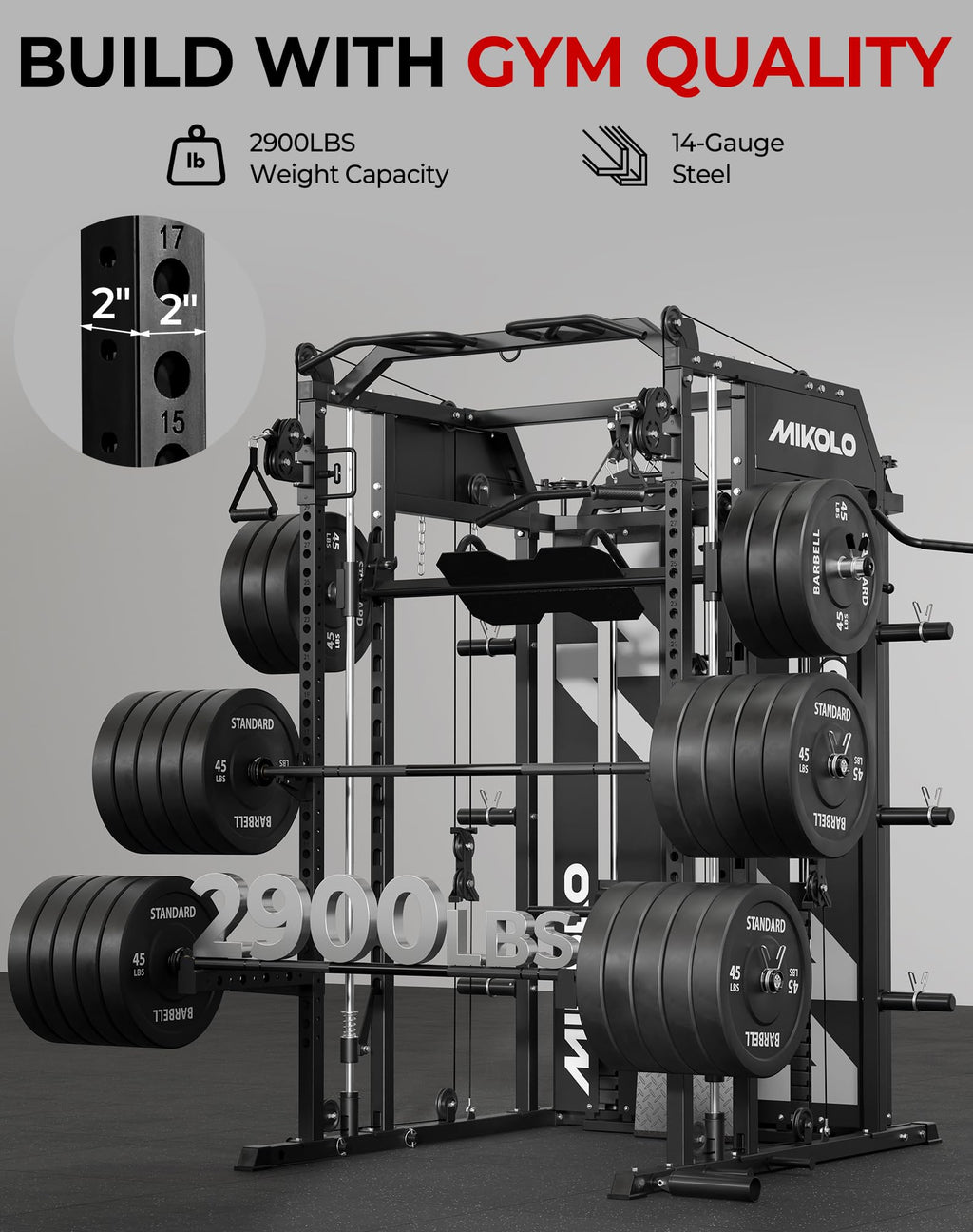 Mikolo Smith Machine with Weight Stack, Power Cage Home Gym System with LAT Pulldown & Cable Crossover, Multi-Functional Trainer with Dual Pulley System, Weight Bench, Cable attachments