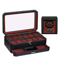 Gift Set 12 Slot Leather Watch Box with Valet Drawer & Matching Single Watch Winder - Luxury Case Display Organizer, Locking Mens Jewelry Watches Holder, Men's Storage Boxes Glass Top Black/Red