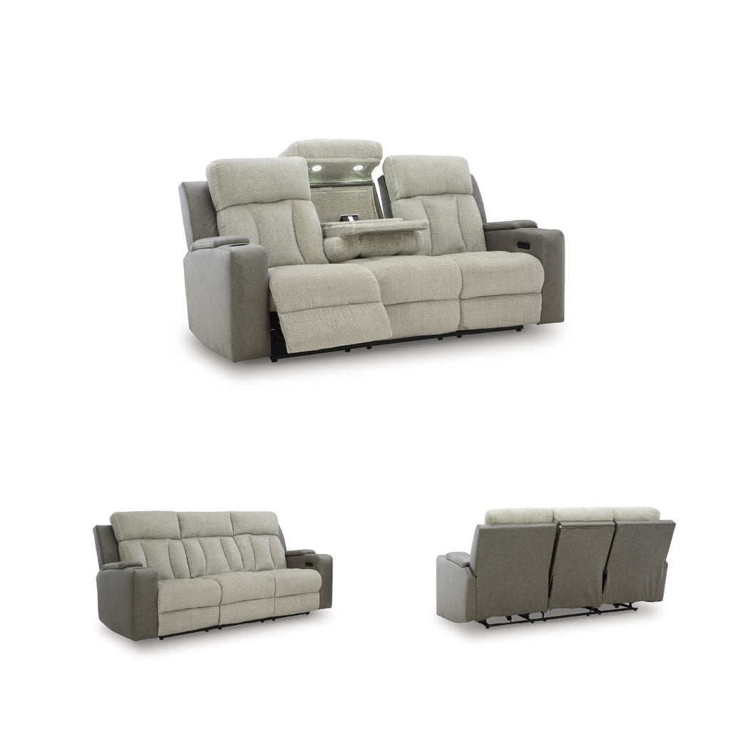 Signature Design by Ashley Point Clear Transitional Faux Leather Power Reclining Sofa with Drop Down Table, Lumbar Massage, LED Lights and Adjustable Headrest, Gray & Beige