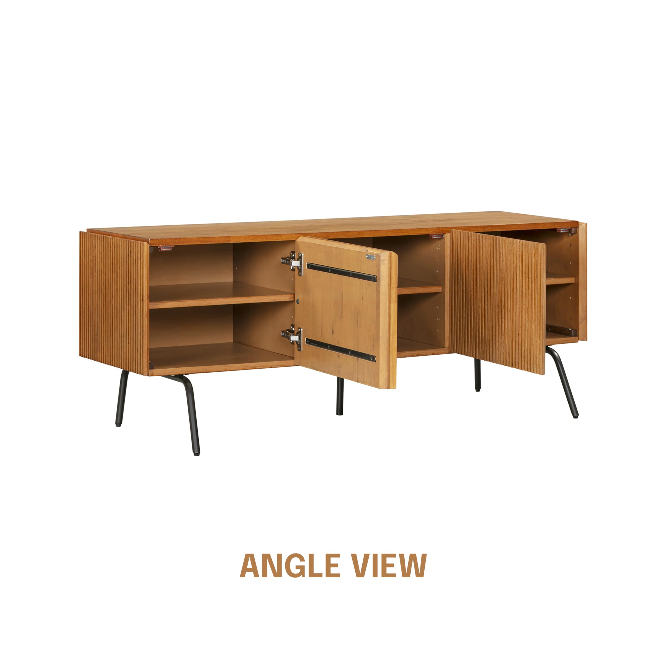 NTC Veil TV Stand with 3 Doors for TVs up to 60’’, Media Console with Vertical Groove Design and Metal Legs, Modern Entertainment Center for Living Room and Bedroom, Effortless Assembly, Teak Look