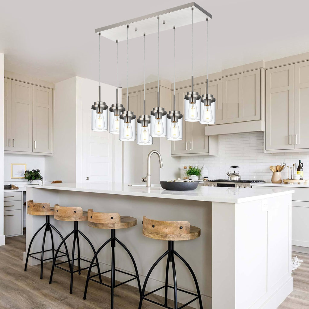 BONLICHT 8 Light Farmhouse Chandelier for Dining Room, Modern Industrial Foyer Linear Pendant Light Traditional Brushed Nickel Kitchen Island Lighting Fixture Hanging Ceiling Lights with Clear Glass