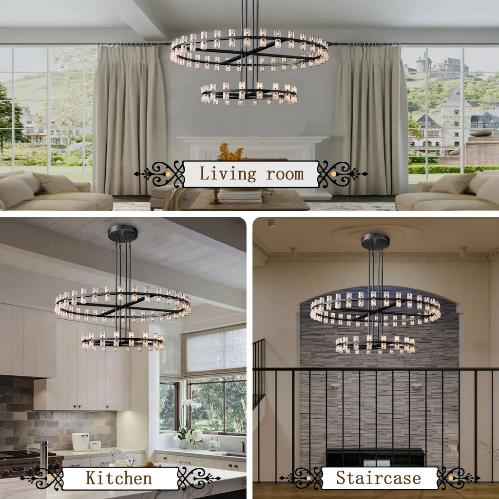 Shial Lighting D32''+D40'' Large Black Wagon Wheel Chandelier 72-Lights Black Round Chandeliers Glass Chandeliers for Dining Room,Living Room Vintage Chandelier