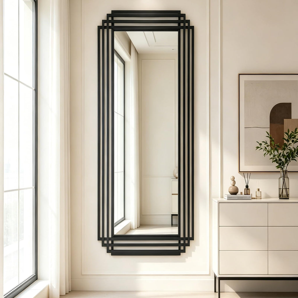 DAOYIJIAJU Geometric Full Length Mirror, 67"x26" Large Rectangle Aesthetic Mirror with Metal Frame, Art Deco Wall Mirrors for Living Room Entryway Hallway Cloakroom, Horizontal or Vertical Hanging